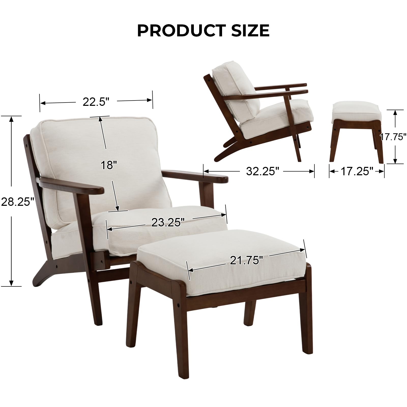 Mid Century Modern Accent Chair with Ottoman - Solid Wood Frame Upholstered Fabric Armchair for Living Room, Bedroom, Reading Nook - Elegant Beige Lounge Chair for Relaxation & Home Decor