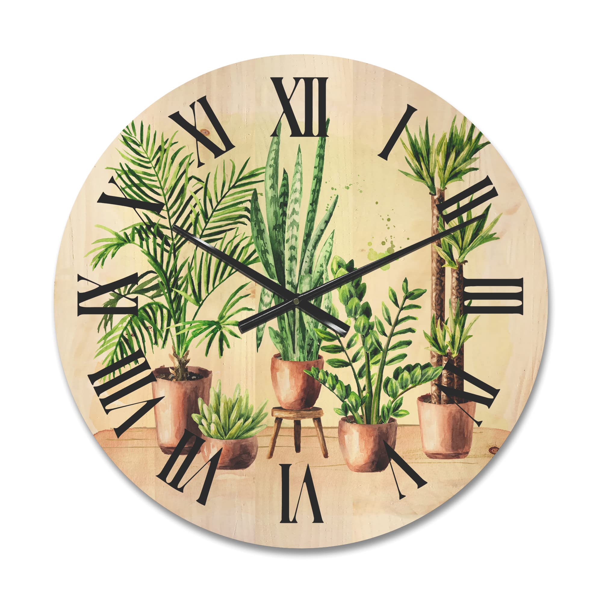 Large Decorative Wood Wall Clock with Floral & Botanical Design - Indoor Green Home House Plants in Pots - Oversized Traditional Wooden Clock for Living Room, Bedroom & Office Décor | Perfect for Farmhouse, Rustic & Vintage Style Interiors
