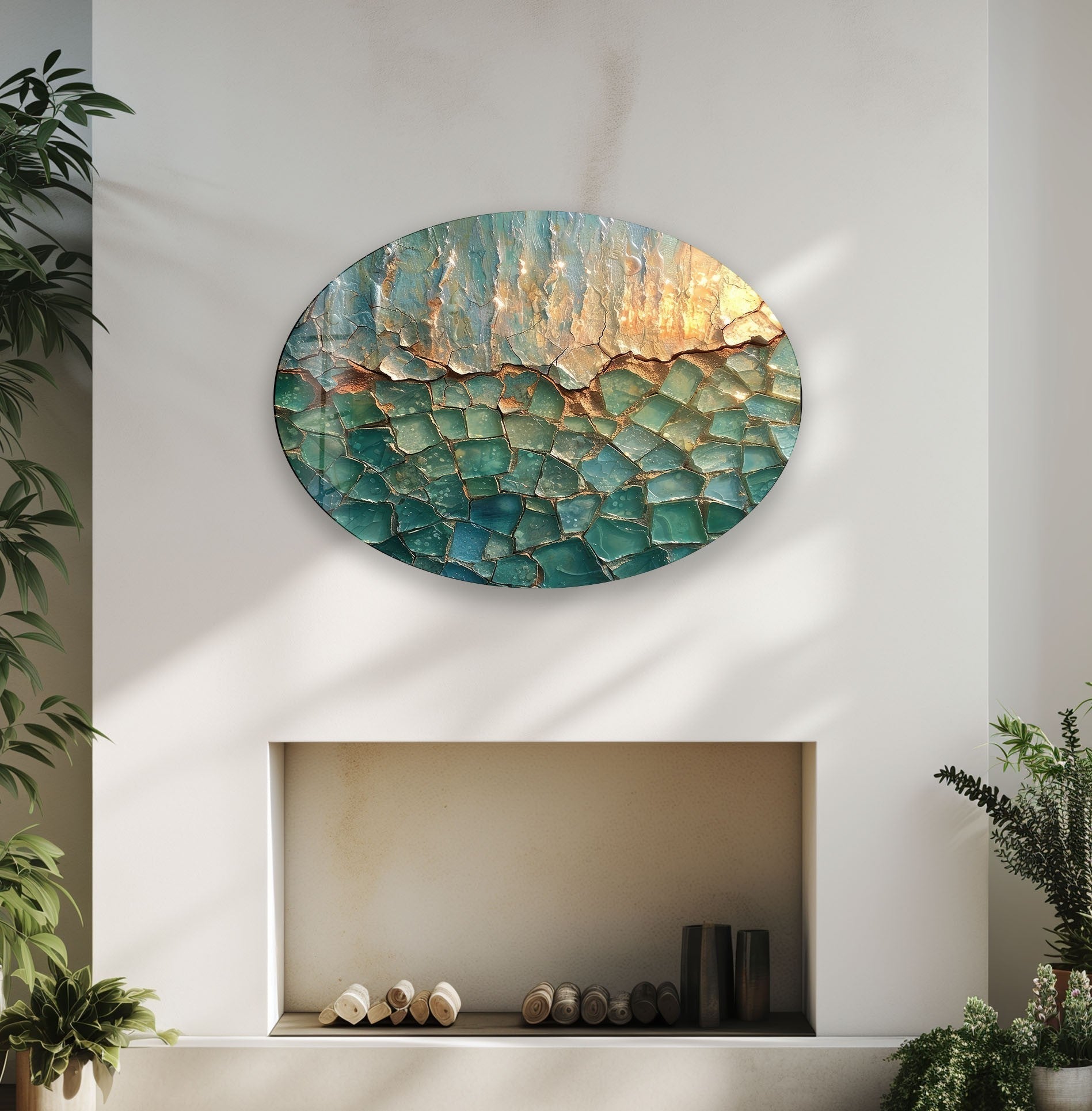 Abstract Cracked Glass Wall Art - Modern Asymmetric Oval Design for Living Room, Bedroom & Office Decor