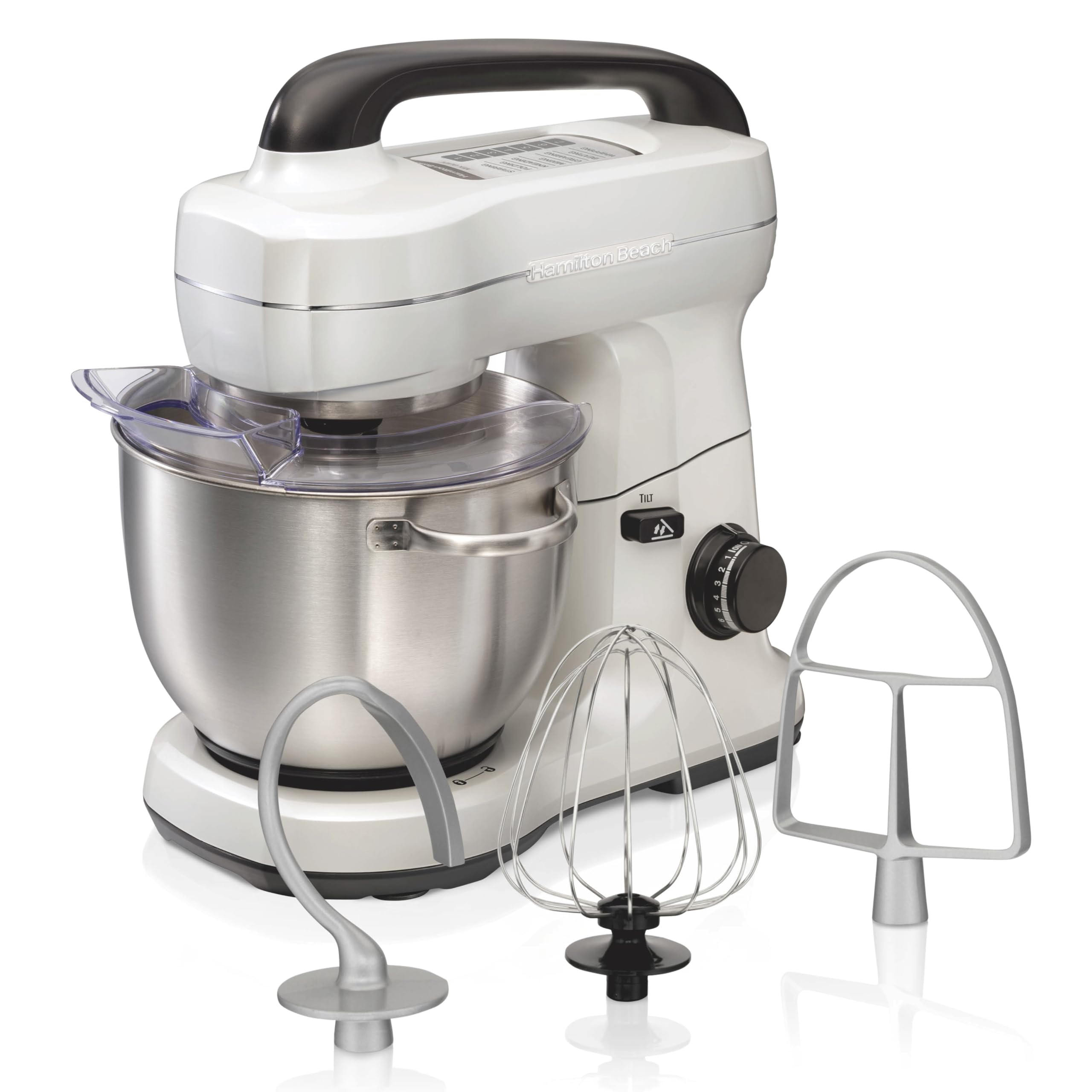 Hamilton Beach 4-Quart Electric Stand Mixer with Dough Hook, Flat Beater & Whisk - 7 Speed Settings & Splash Guard - Perfect for Baking Bread, Cookies & Cakes - White Kitchen Appliance