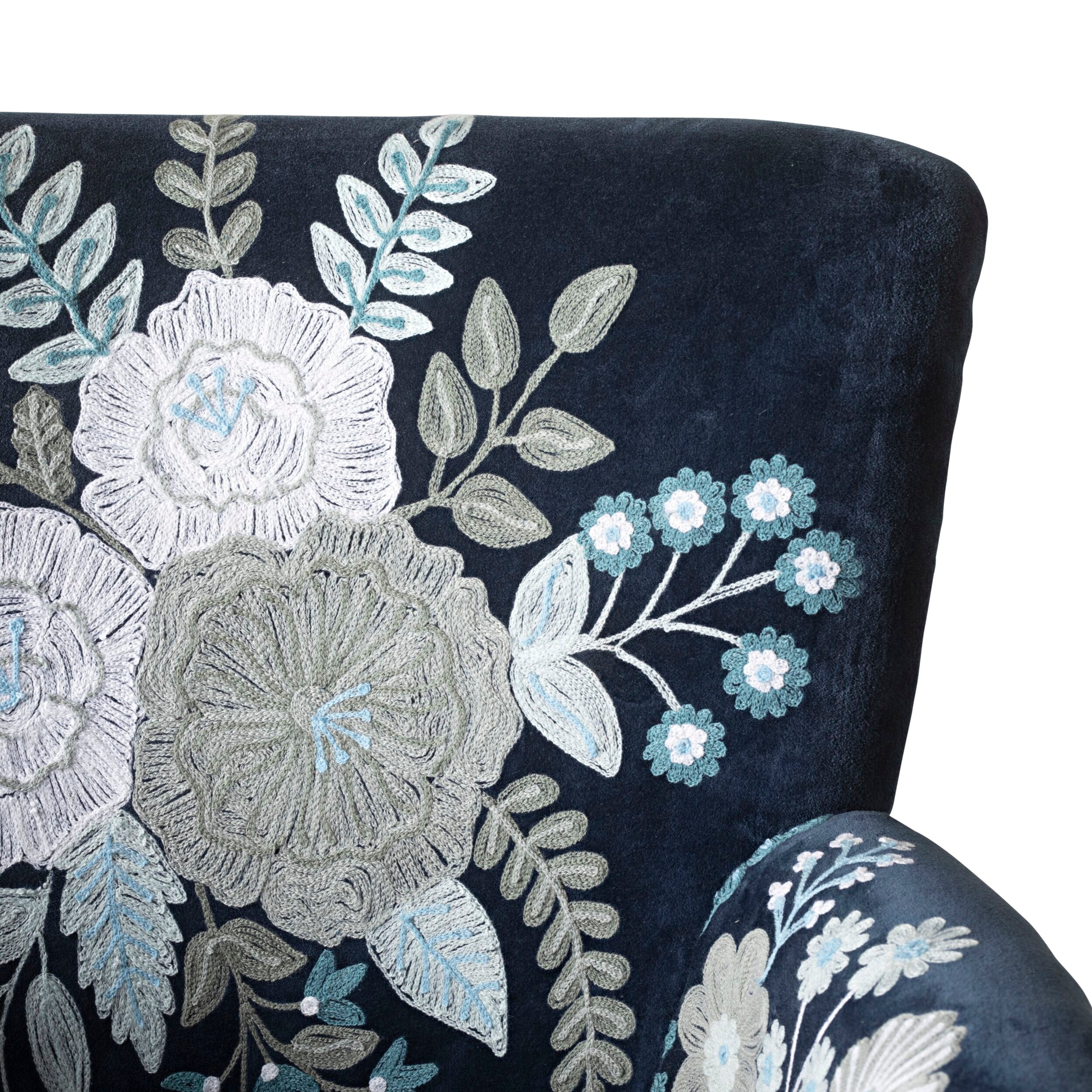 Blooms Embroidered Armchair in Indigo Blue - Elegant Floral Upholstered Accent Chair for Living Room, Bedroom, or Office Decor