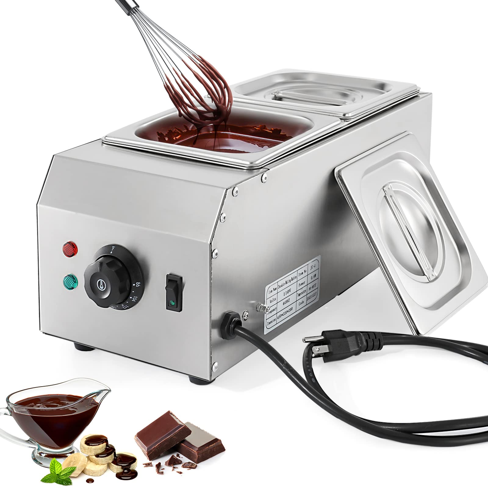 Commercial Chocolate Melting Pot - 2 Tanks 9lbs Stainless Steel Chocolate Tempering Machine for Home, Bakery & Candy Making - Perfect for Melting, Dipping & Molding Chocolate Treats