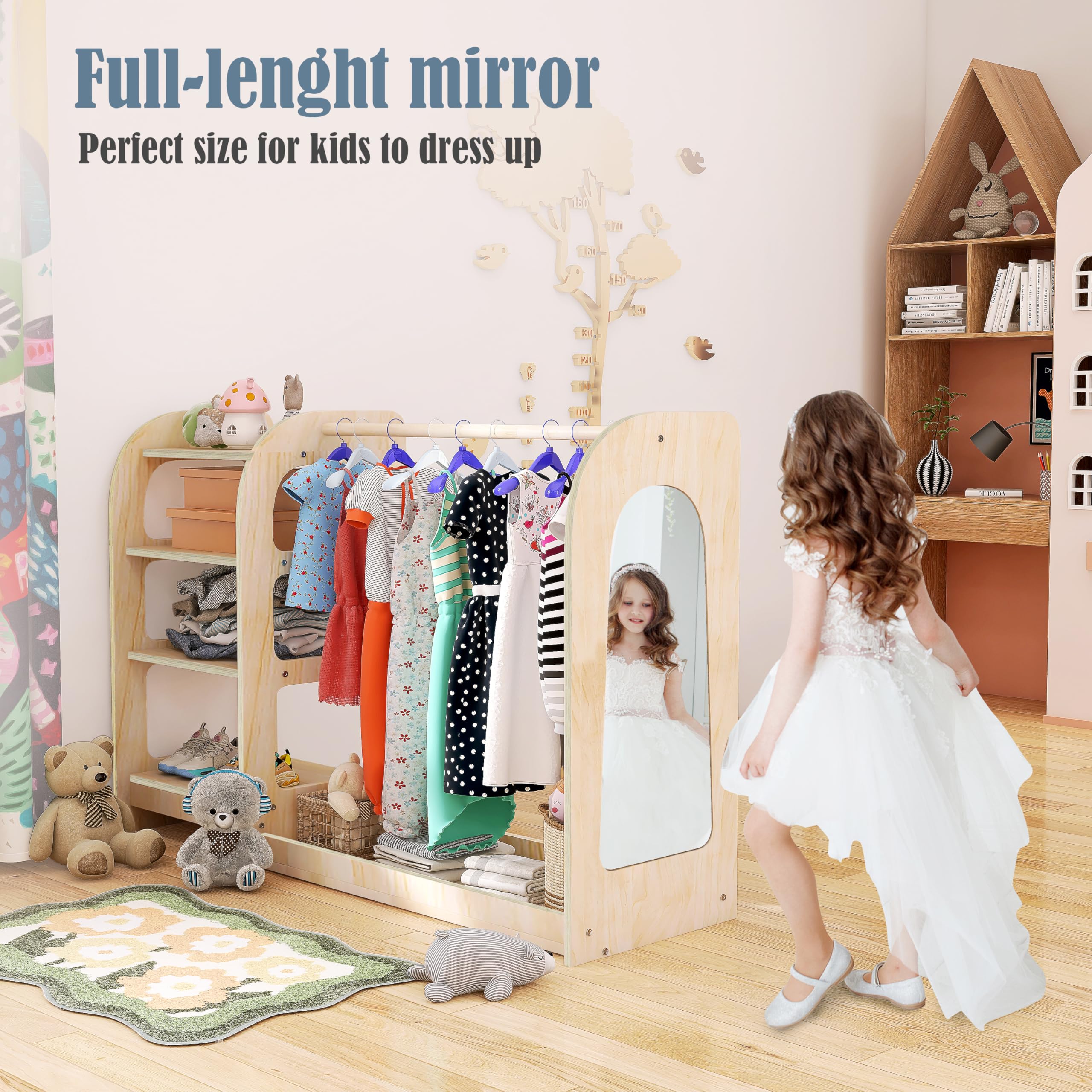 Wooden Kids Dress Up Storage Rack with Mirror & Shelf - Wardrobe Closet for Girls & Boys - Perfect for Bedroom, Playroom & Birthday Gift
