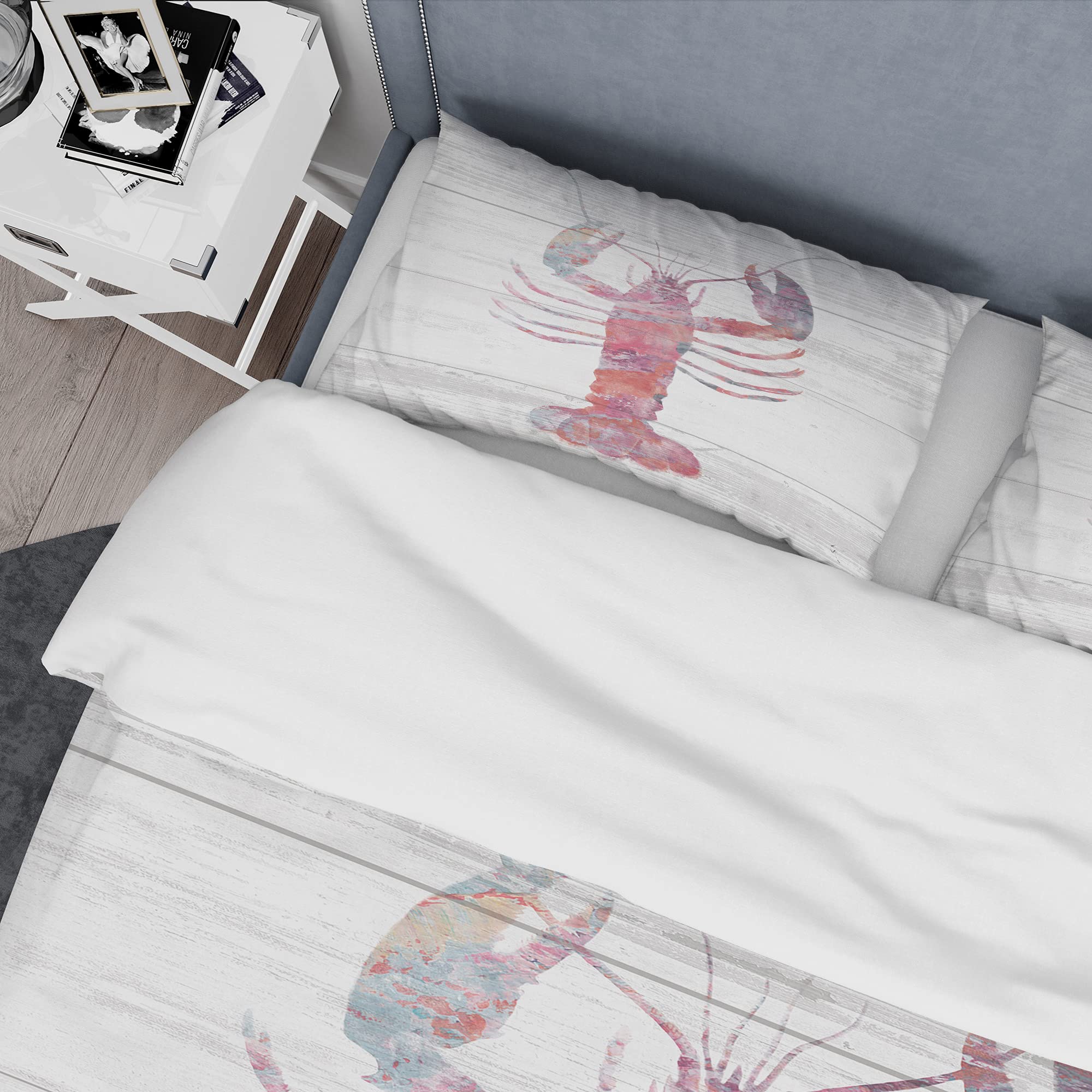 DesignQ Pink Lobster Ocean Life Nautical Coastal Duvet Cover Set - King Size 3-Piece Bedding Set with Animal Print | Perfect for Beach House, Coastal Decor & Summer Themed Bedrooms