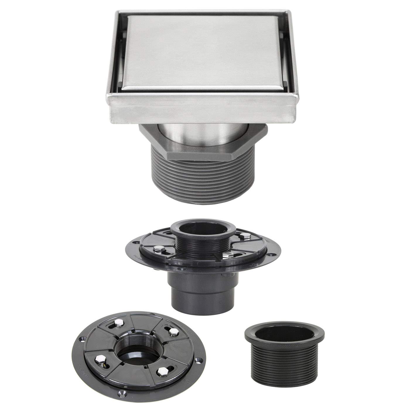 4 Inch Shower Linear Drain - 2 in 1 Reversible Tile Insert Grate with Threaded Adapter & Adjustable Leveling Feet - Brushed 304 Stainless Steel - Includes 2 Inch ABS Shower Drain Base Flange - Perfect for Modern Bathroom Renovations and Walk-In Showers