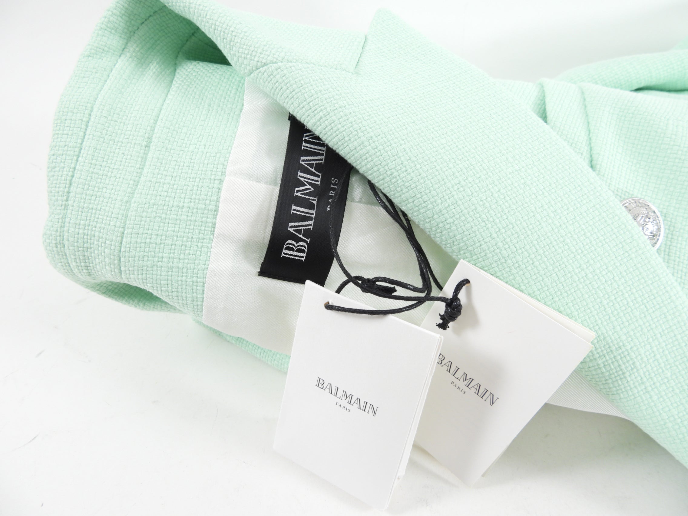 Balmain Mint Green Linen Blend Blazer with Silver Buttons - Women's US Size 12 | Elegant Office Wear & Spring Wedding Outfit