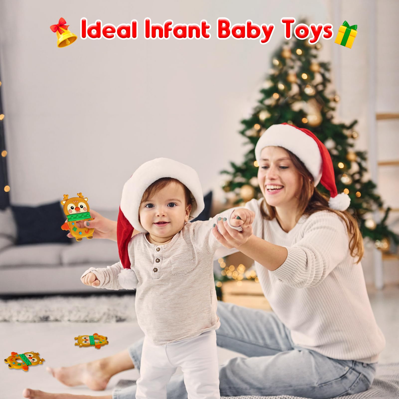 NPET Christmas Deer Baby Teething Toy for 3-12 Months - Soft & Safe Holiday Infant Gifts for Boys & Girls - Cute Deer Themed Teether for Soothing Sore Gums - Perfect for Christmas Stocking Stuffers, Baby Showers & First Birthday Presents