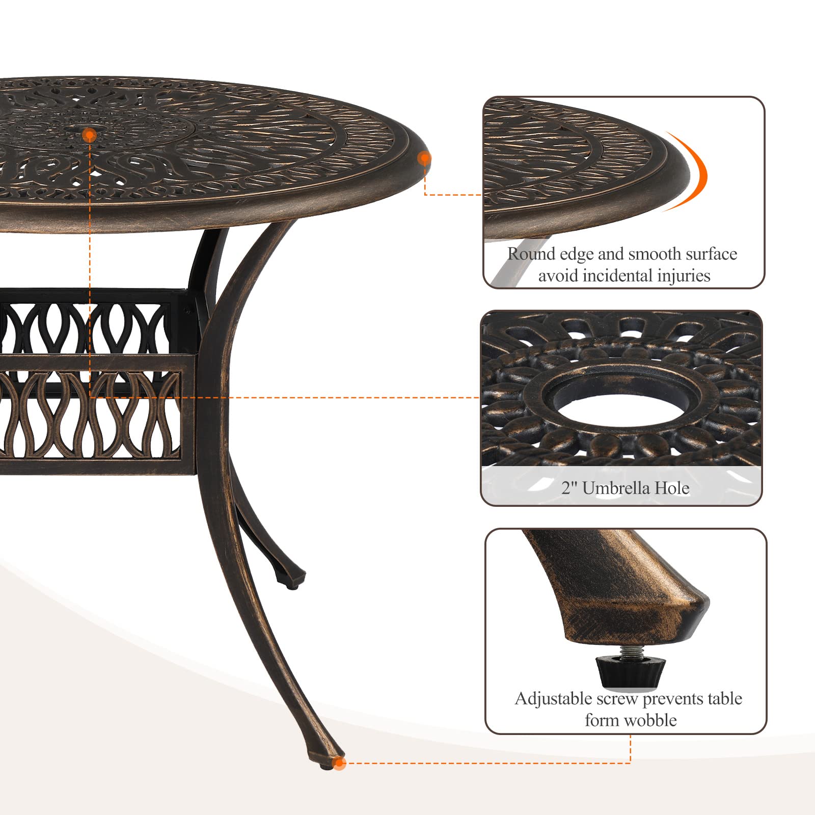 VINGLI 35.4 Inch Round Patio Dining Table with Umbrella Hole - Durable Cast Aluminum Outdoor Bistro Table for Garden, Backyard, Poolside - Weather-Resistant Outdoor Furniture (35.4