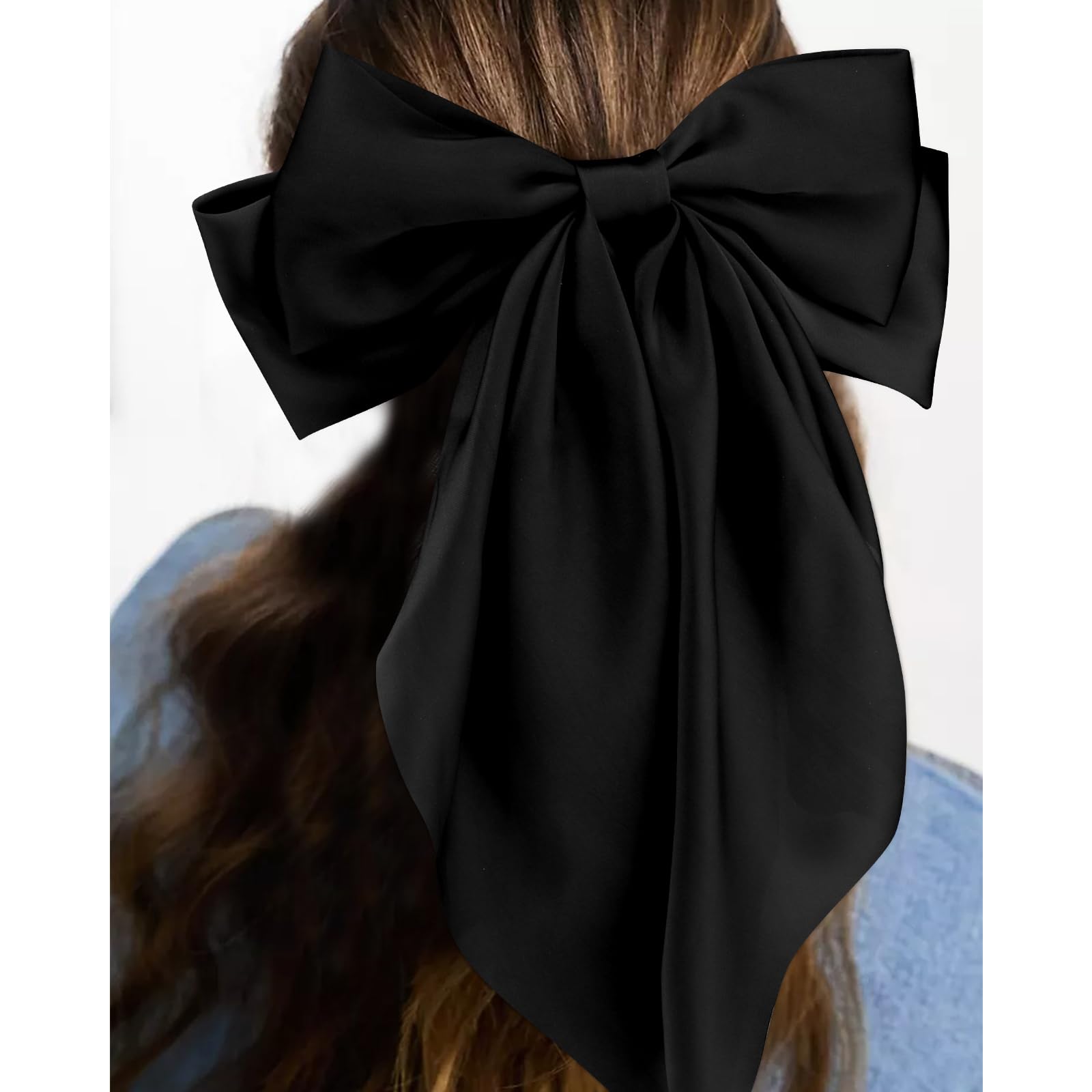 3Pcs Women's Hair Bows Set - White, Black & Khaki Oversized Satin Hair Accessories with Long Tails, Barrettes & Clips | Perfect Gift for Girls, Teens & Women | Great for Weddings, Parties & Daily Styling