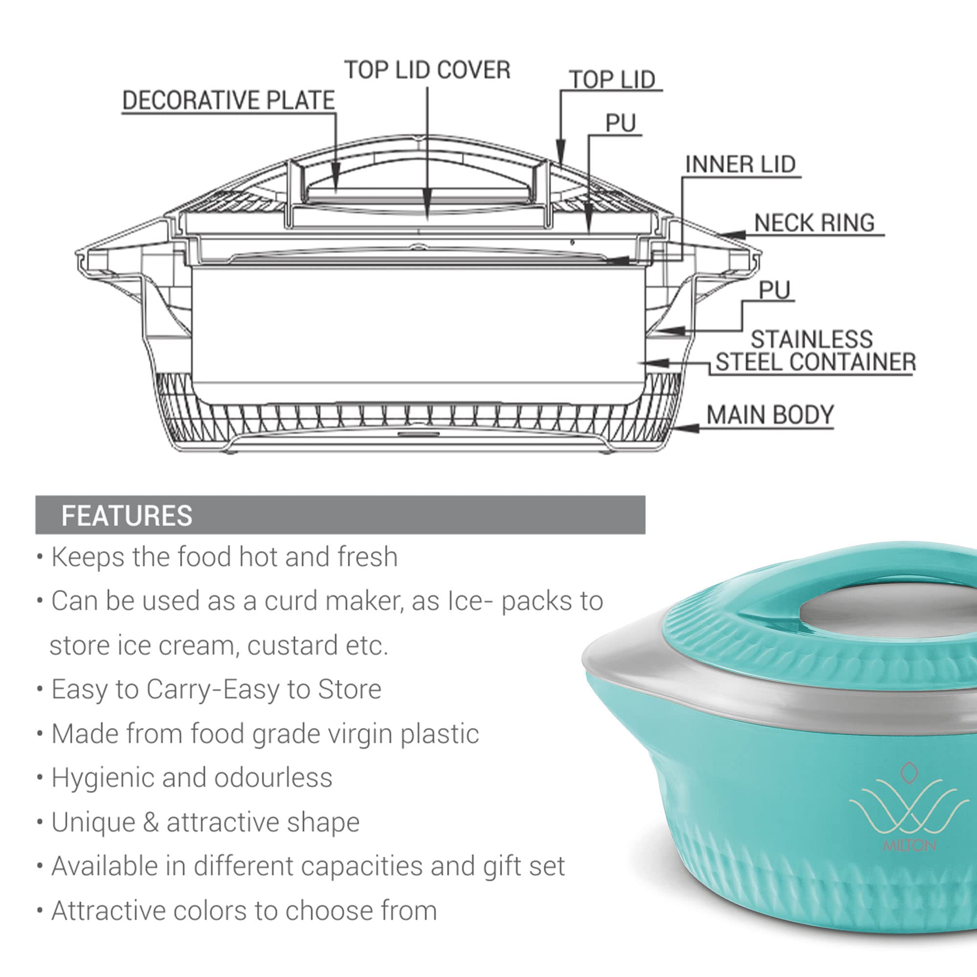 MILTON Royal 1000 Double Wall Stainless Steel Insulated Casserole - 830ml Blue | Keeps Food Hot & Fresh for 8-10 Hours | Perfect for Roti, Biryani, Curries & Indian Cuisine | Ideal for Picnics, Parties & Family Gatherings