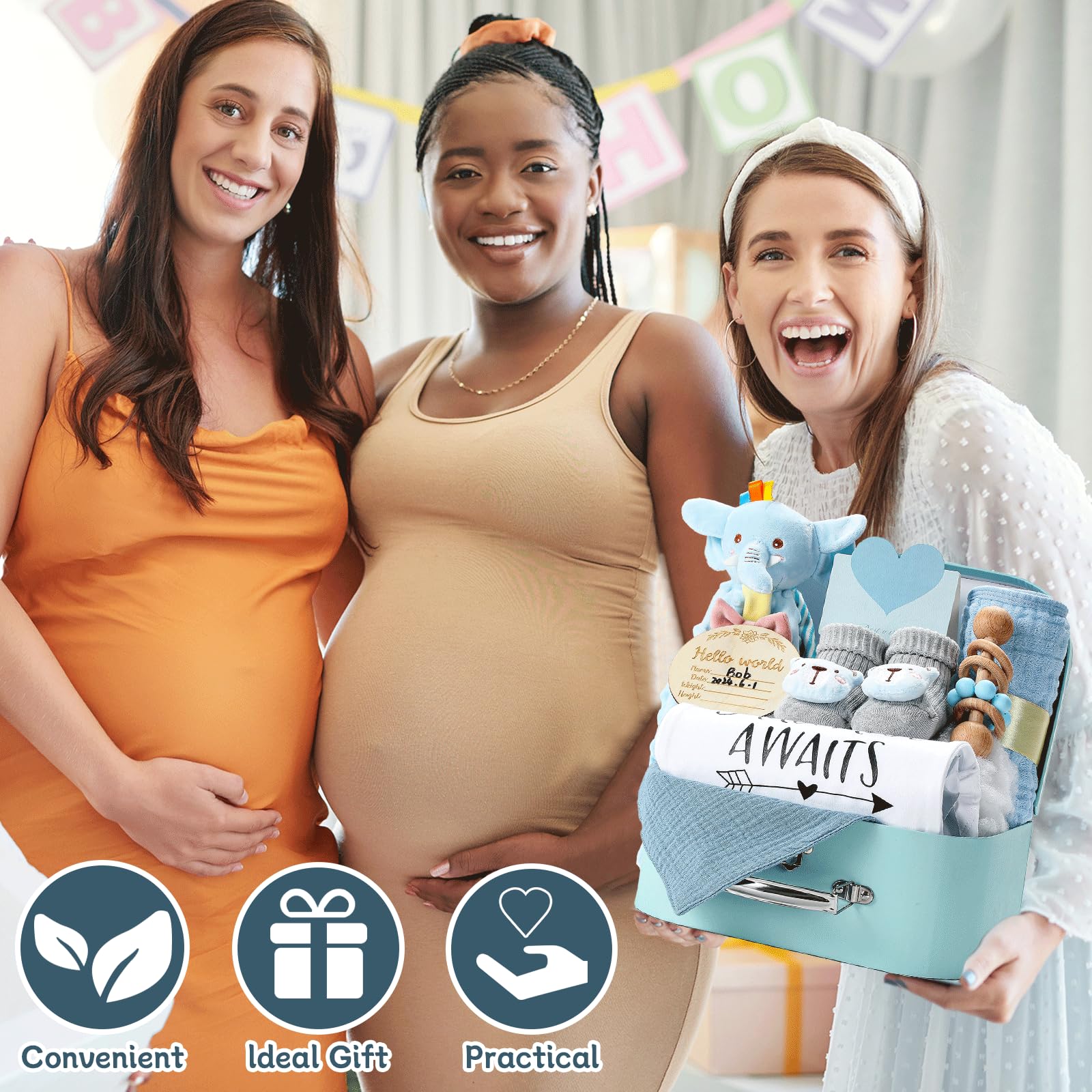 Premium Baby Gift Set for Newborns - Blue Baby Shower Gift Basket with Rattle, Muslin Towel & Security Blanket | Perfect Gender Reveal Gift for Baby Boys & Girls | Ideal for Newborn Showers, Christenings & First Birthday Celebrations