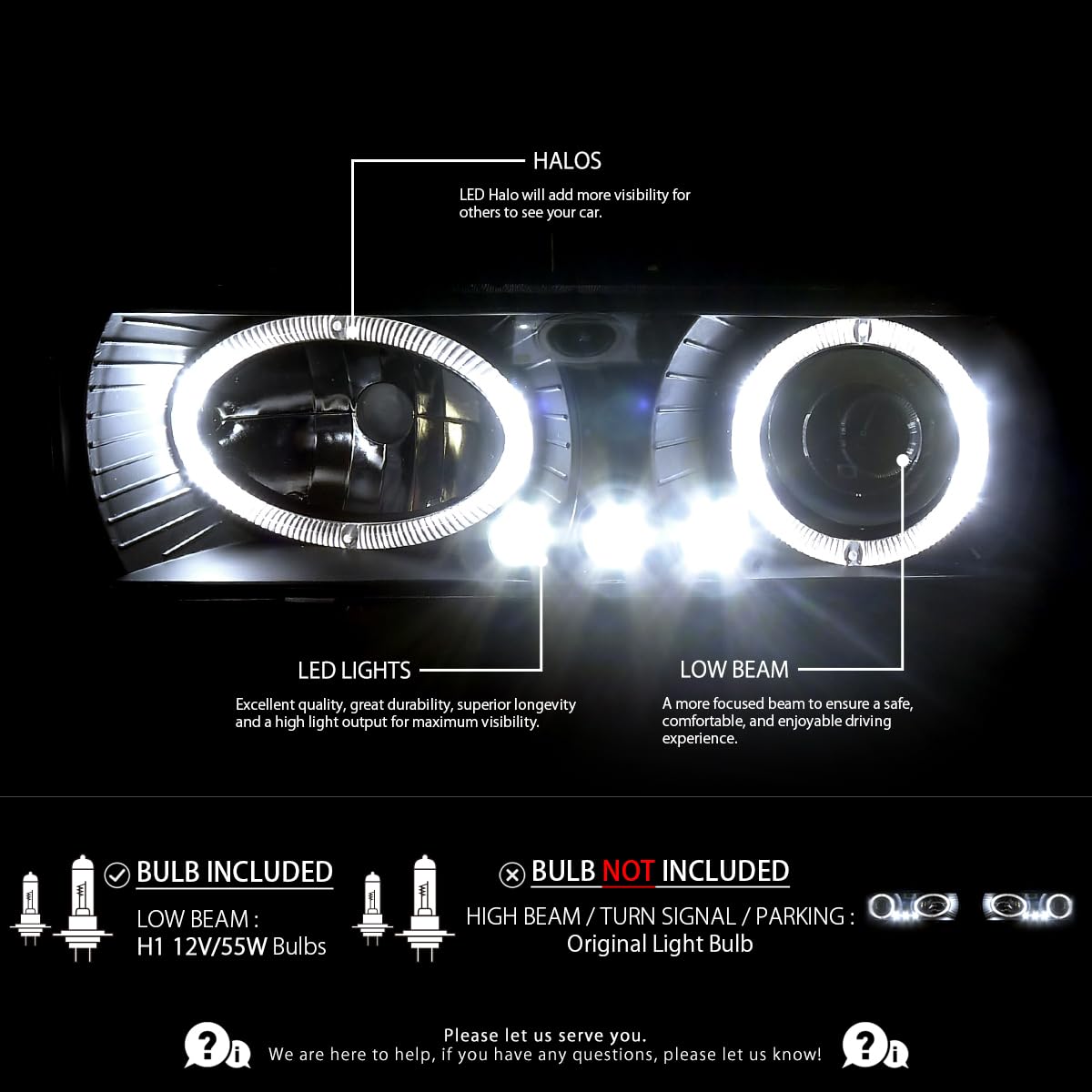 AUTOZENSATION LED Halo Black Projector Headlights & Bumper Lights Compatible with 1994-1998 GMC C/K C10, Sierra, Yukon, Suburban - Left & Right Pair Headlamp Assembly - Upgrade for Off-Road & Night Driving