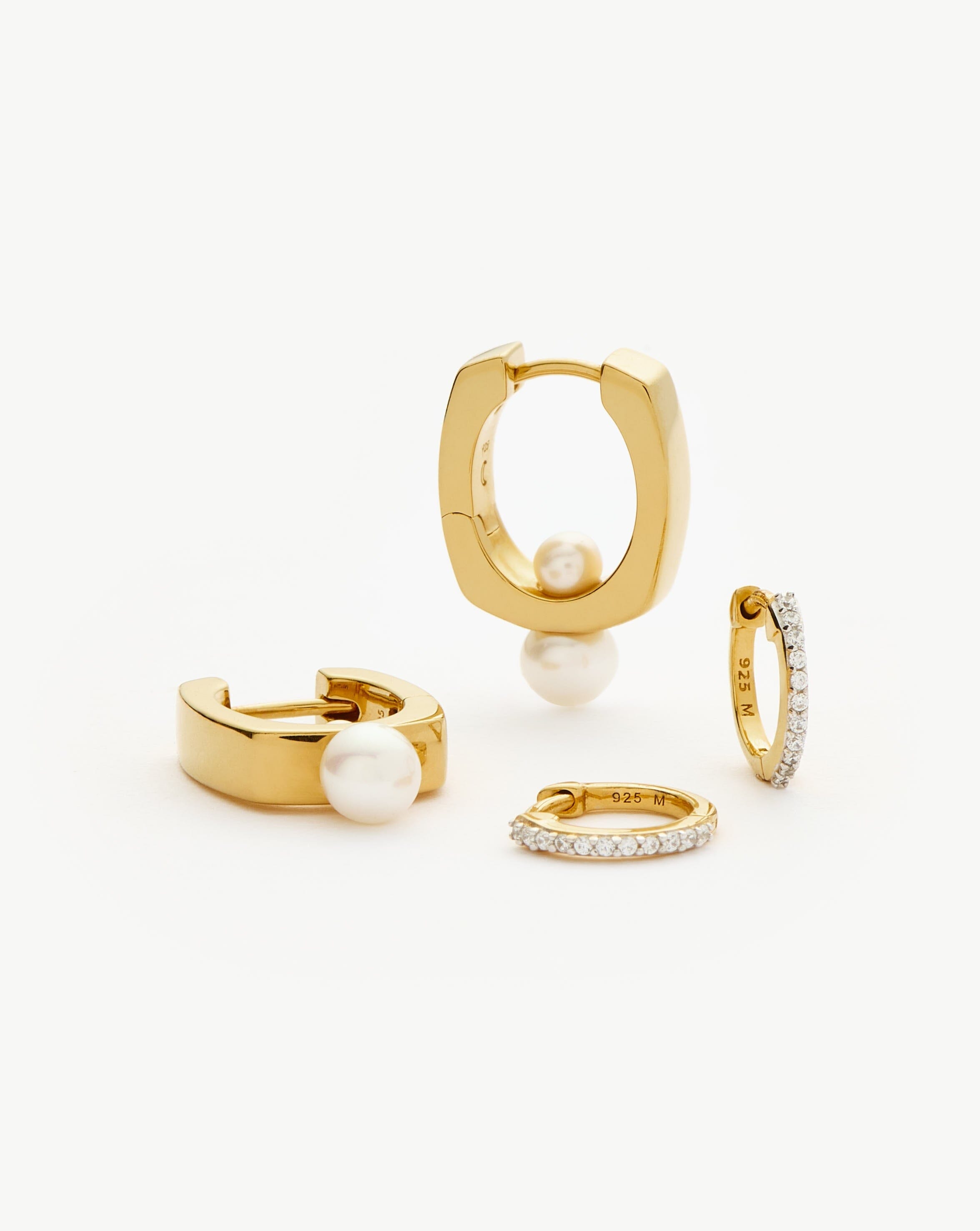 18K Gold Vermeil Pearl & Cubic Zirconia Small Hoop Earrings Set - Elegant Square & Pave Design for Women, Perfect for Wedding, Party & Everyday Wear
