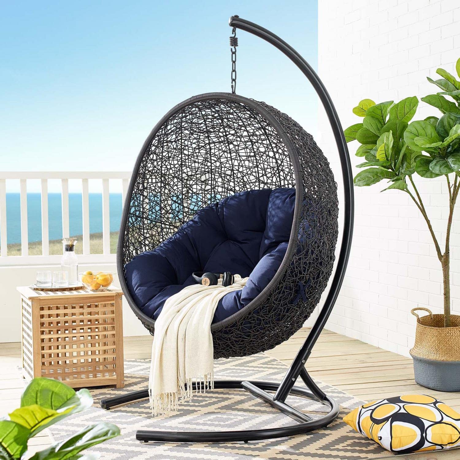Modway EEI-3943-BLK-NAV Outdoor Egg Swing Chair - Wicker Rattan Hanging Chair with Stand, Sunbrella Fabric in Black & Navy - Perfect for Patio, Porch, Garden, or Backyard Relaxation