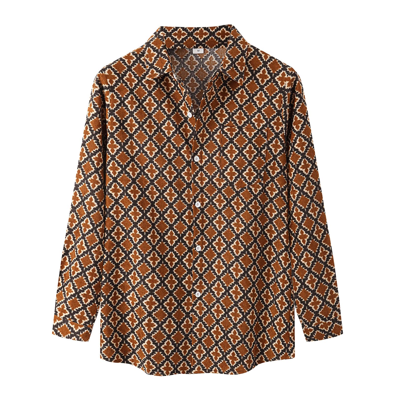 Men's Corduroy Long Sleeve Geometric Print Turn-Down Collar Casual Shirt - Stylish Button-Up Top for Work, Date Night & Everyday Wear