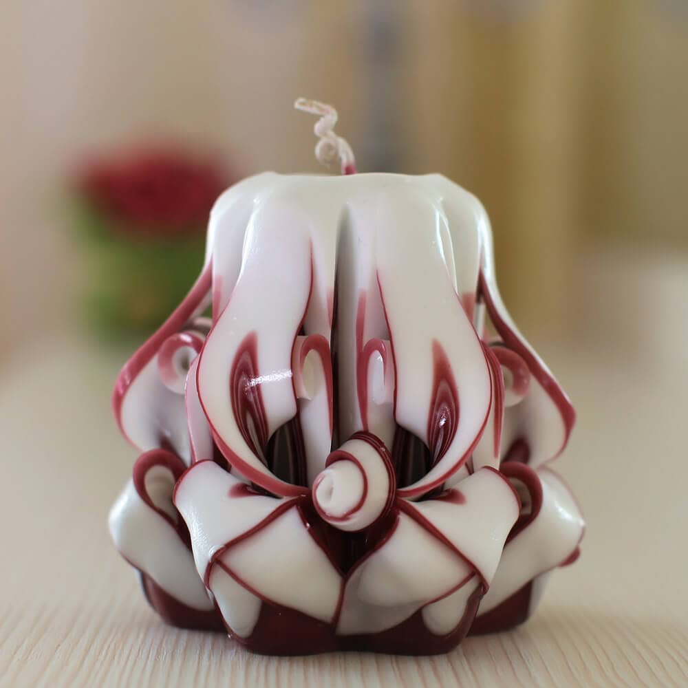 Hand Carved Christmas Candles - Set of White & Burgundy 3