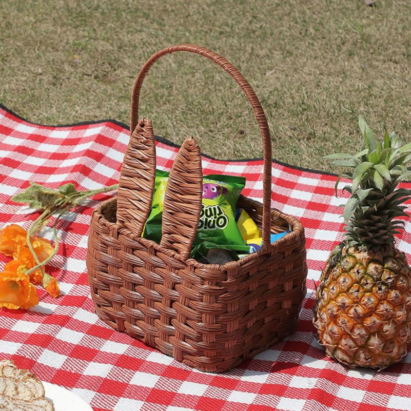 Cabilock Wicker Woven Basket with Handles - Bunny Ear Shape Rattan Seagrass Storage Organizer for Picnic, Easter, Christmas Decor - Perfect for Home, Wall Decor, Flower Arrangement & Gift Giving