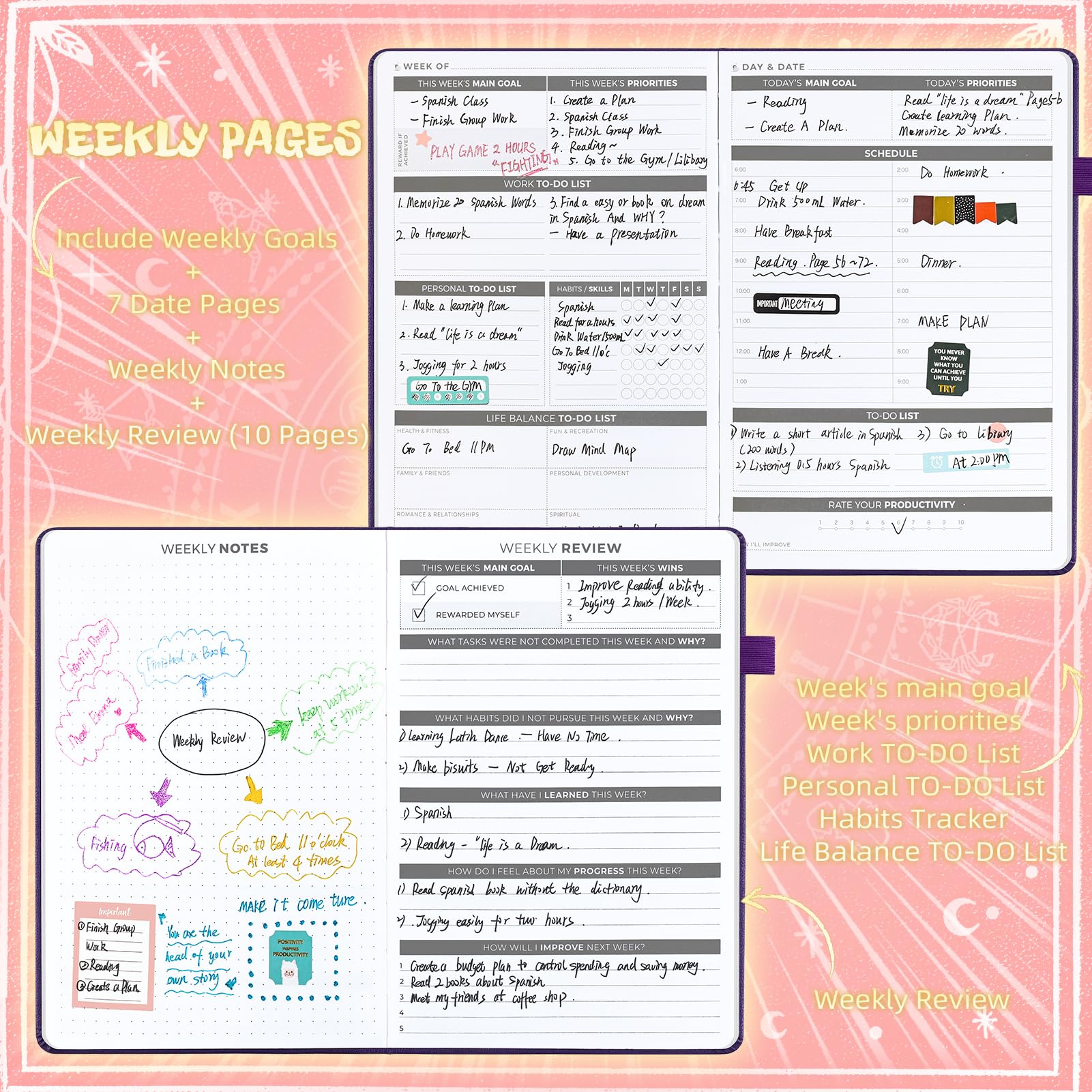 Ospelelf 2025 Leather Undated Daily Planner (5.5 x 8.5'') - Weekly & Monthly Life Organizer, Productivity Journal Notebook with Stickers, A5 Hardcover (Pink) | Perfect for Work, School, Goal Tracking & Personal Planning
