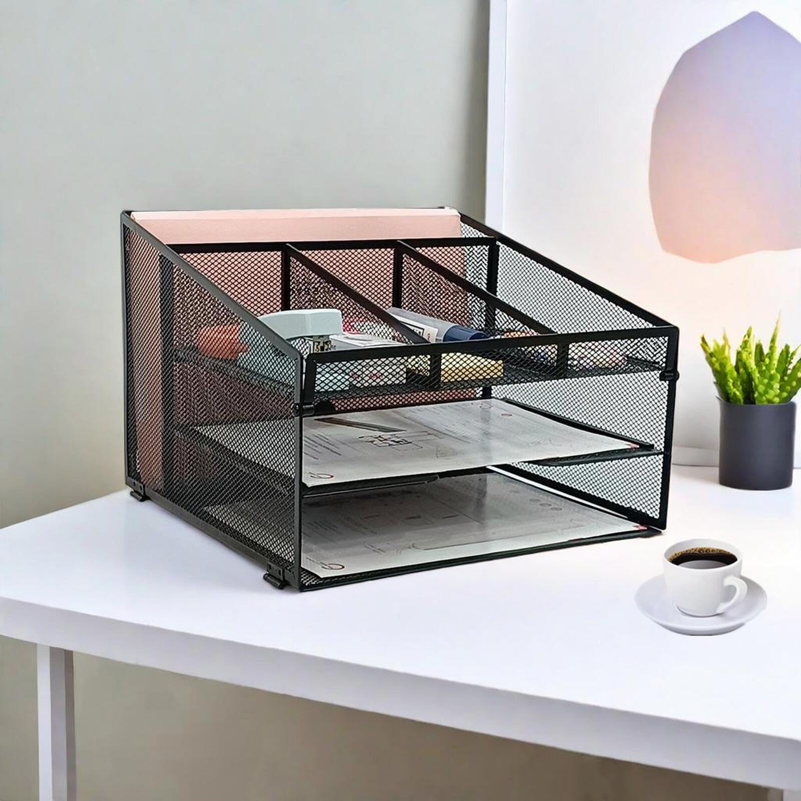 SETTFRFE 2-Tier Mesh Desk Organizer with Pen Holder - Vertical File Organizer for Office, Home & School - Black Metal Paper Tray for Documents, Mail & Stationery Storage