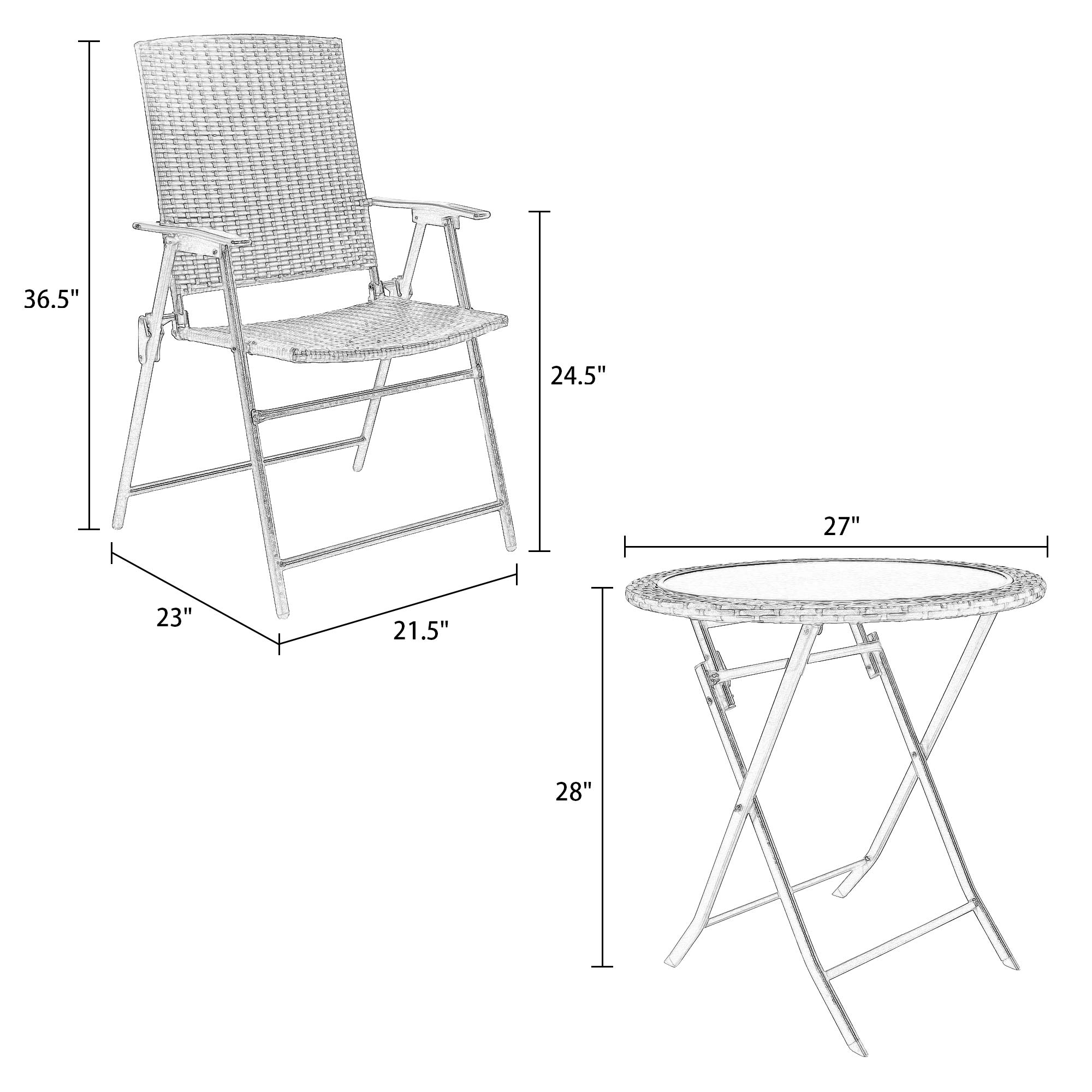 3-Piece Outdoor Bistro Set - All-Weather Patio Furniture with 2 Rattan Folding Chairs & Tempered Glass Table - Perfect for Garden, Balcony, Poolside & Backyard Relaxation