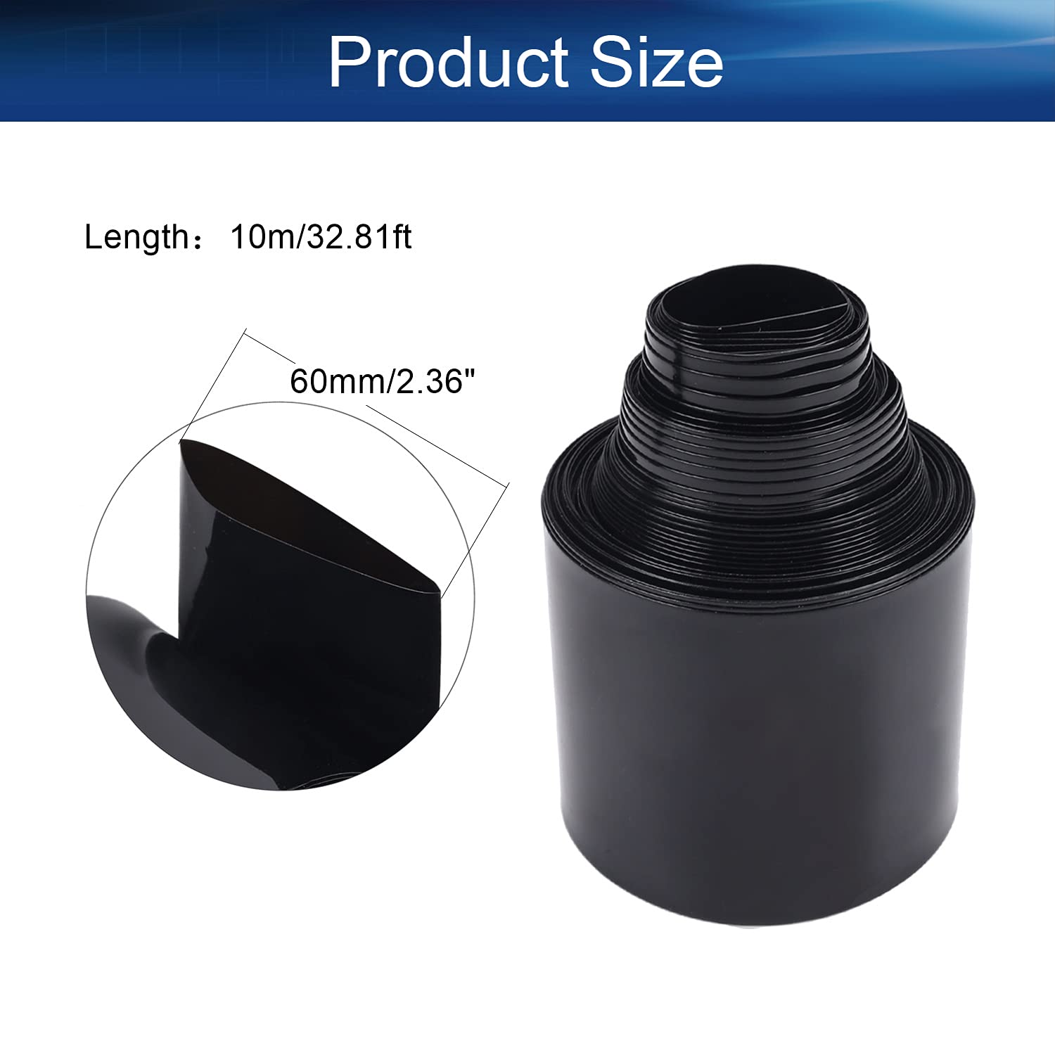 Auniwaig 60mm x 10m PVC Heat Shrink Tubing for Battery Packs - Black Power Cable Sleeve for DIY, Electronics, and Automotive Wiring Protection