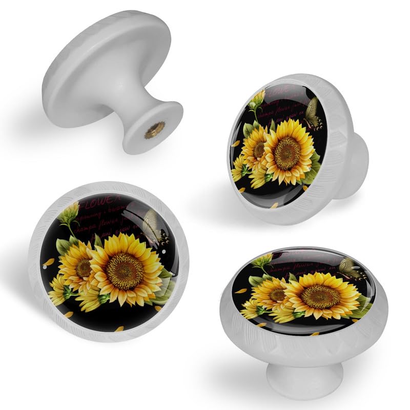 LORVIES 4-Pack Floral Cabinet Knobs - Black Sunflower Design for Dresser, Closet & Kitchen