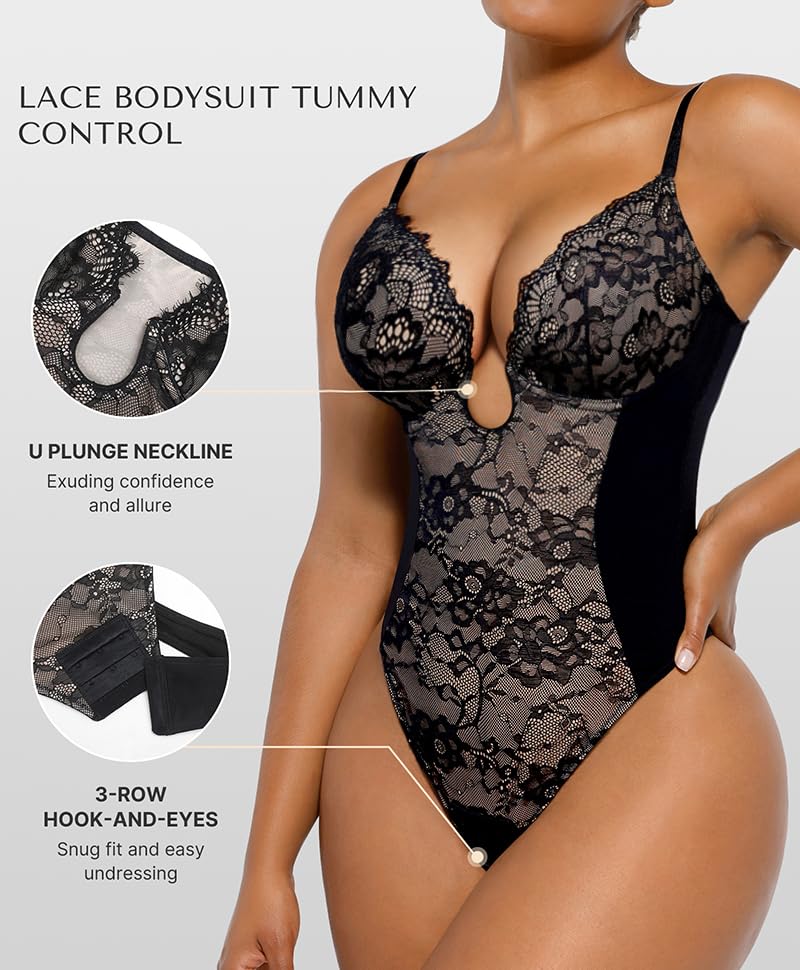 SHAPELLX Women's Lace Bodysuit - Tummy Control Shapewear with Thong & U Plunge Backless Design for Slimming & Smoothing | Perfect for Evening Wear, Date Nights & Special Occasions