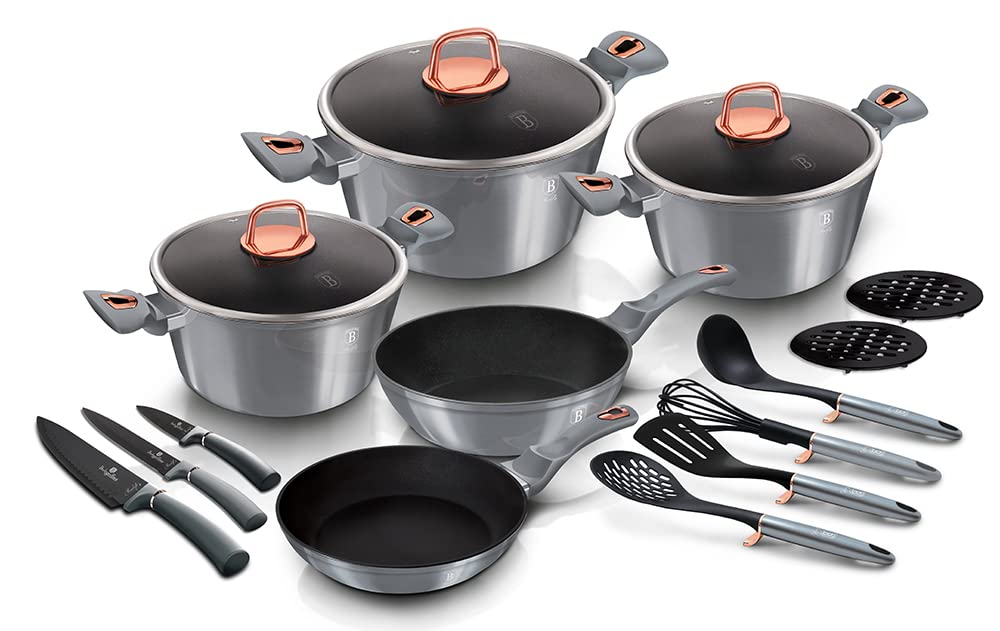Berlinger Haus 17-Piece Nonstick Cookware Set with Utensils & Knives - Induction Compatible Pots & Pans with Ergonomic Handles, Dishwasher Safe (Silver) - Perfect for Home Cooking, Meal Prep & Professional Chefs