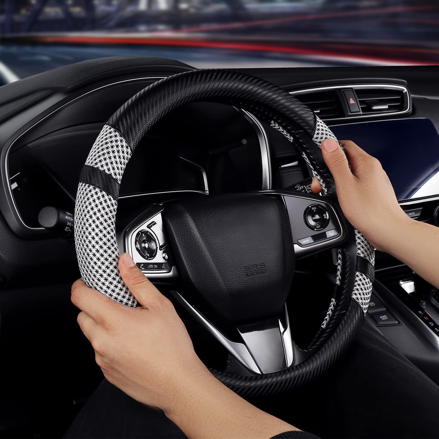 BOKIN Carbon Fiber Steering Wheel Cover - Universal 14.5-15 Inch, Microfiber Leather Car Accessory, Breathable Ice Silk Wheel Protector for All-Season Comfort (Cool in Summer, Warm in Winter) - Carbon Fiber Gray - Perfect for Daily Commuting, Road Trips & Enhancing Driving Comfort