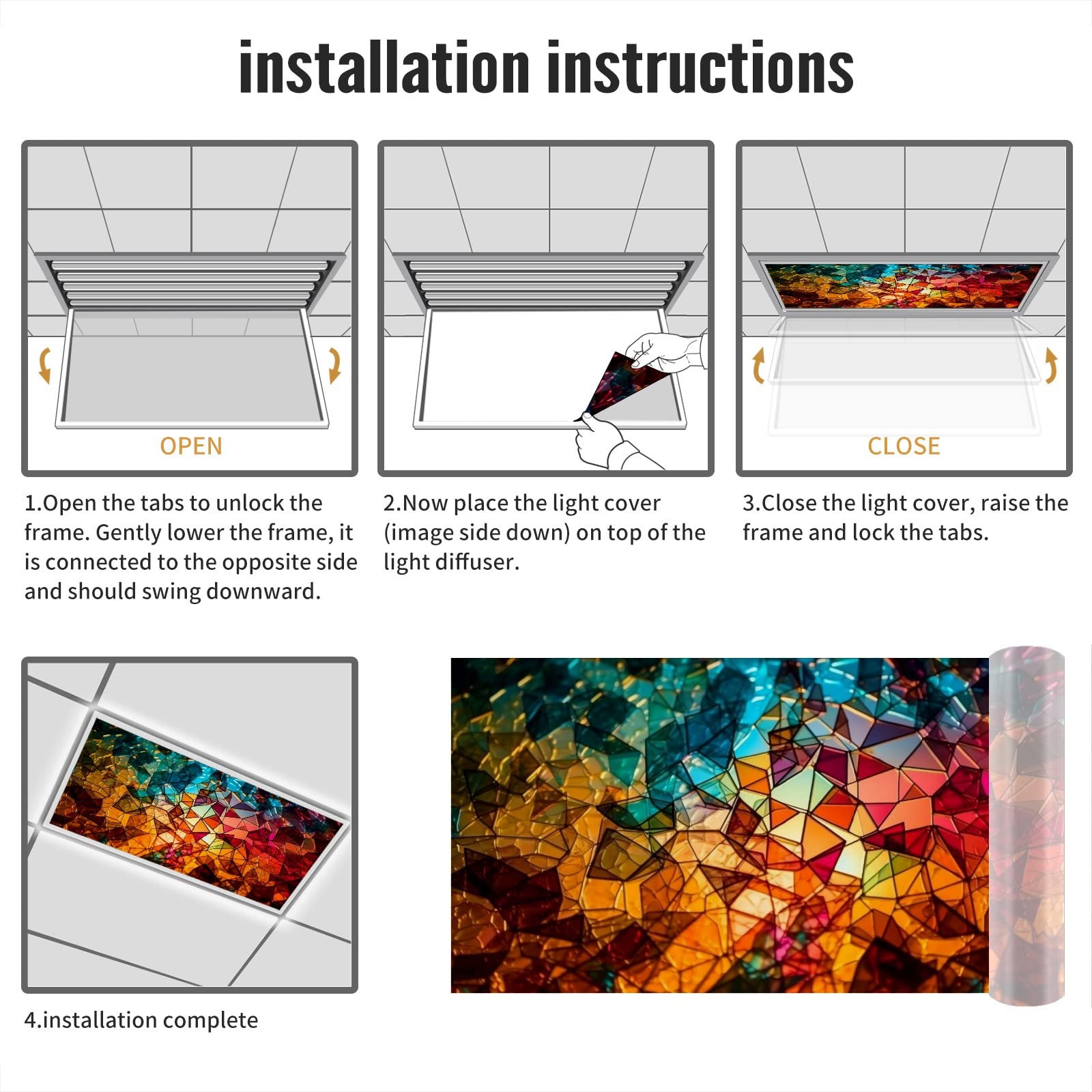 Fluorescent Light Cover for Classroom Ceiling Lights - 24x48 Inch (2x4 FT) Colorful Yellow & Blue Window Glass Pattern - Reduce Glare, Improve Focus & Prevent Headaches - Perfect for Schools, Offices & Study Rooms