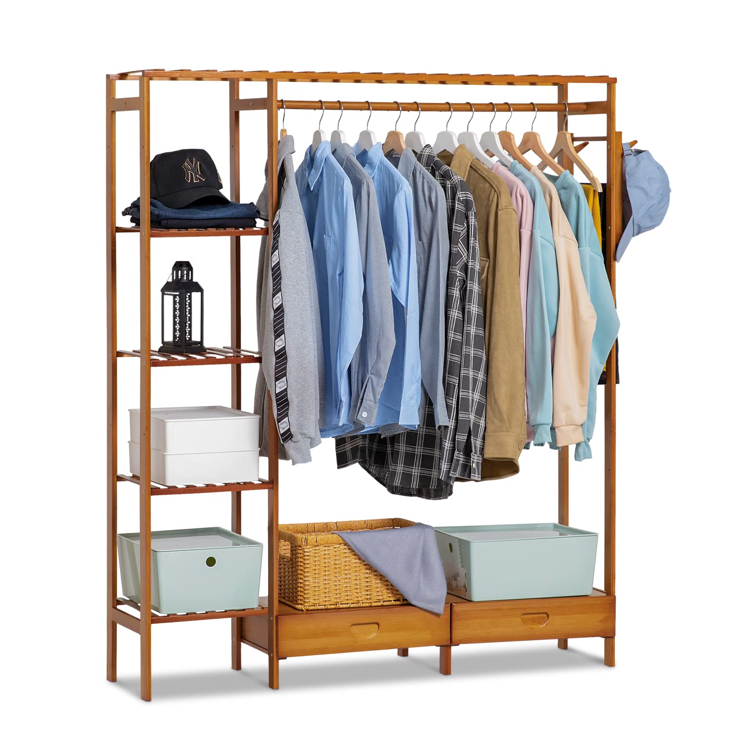 MoNiBloom Bamboo Clothes Rack - Freestanding Wardrobe Organizer with 2 Drawers & Hanging Rod, 5-Tier Storage Shelves for Bedroom, Living Room, Closet - Space Saving Brown Wooden Garment Rack (Perfect for Small Apartments, Dorm Rooms & Home Organization)