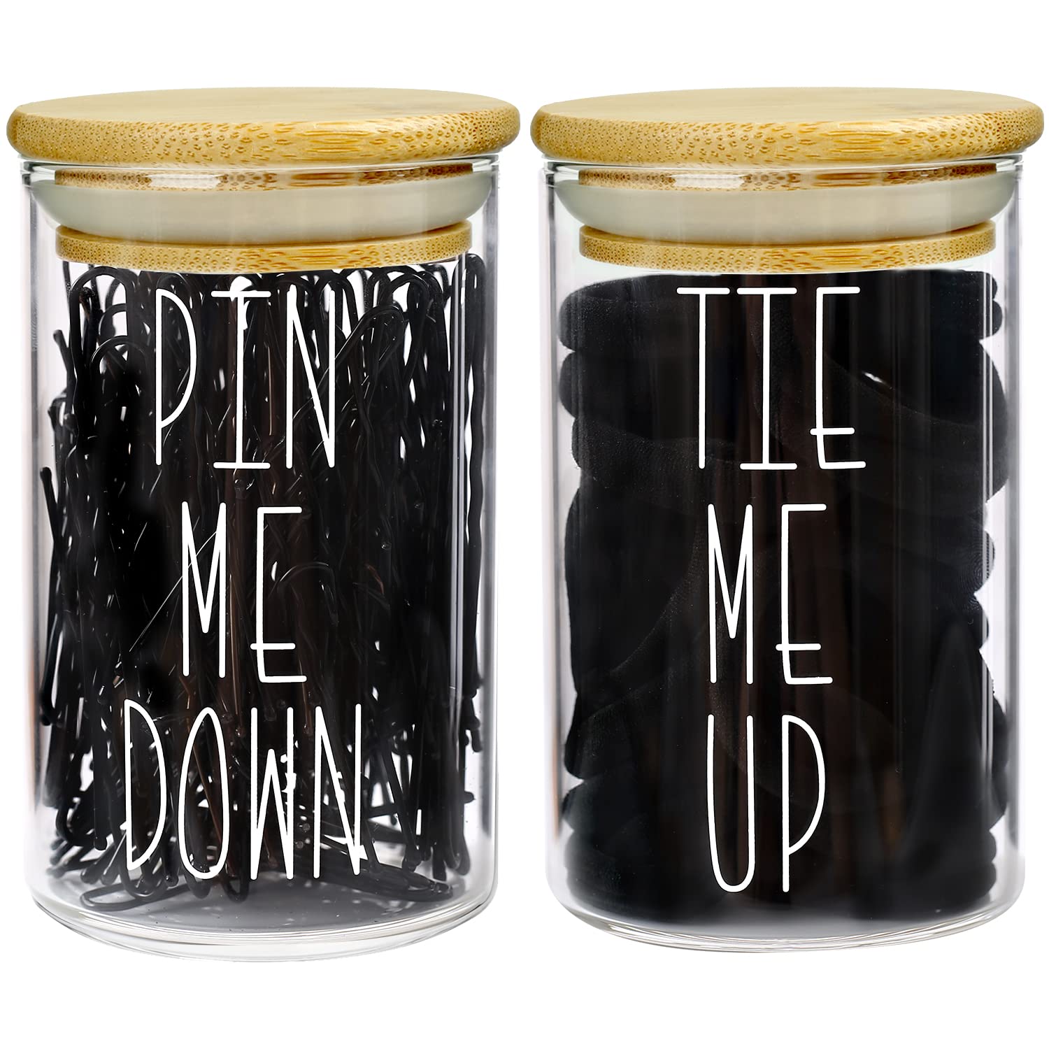 MOMEEMO Apothecary Jars with Lids - Bathroom Storage Organizer for Hair Ties, Bobby Pins & Small Accessories | Bamboo Bathroom Decor | Perfect for Vanity, Countertop & Shower Organization