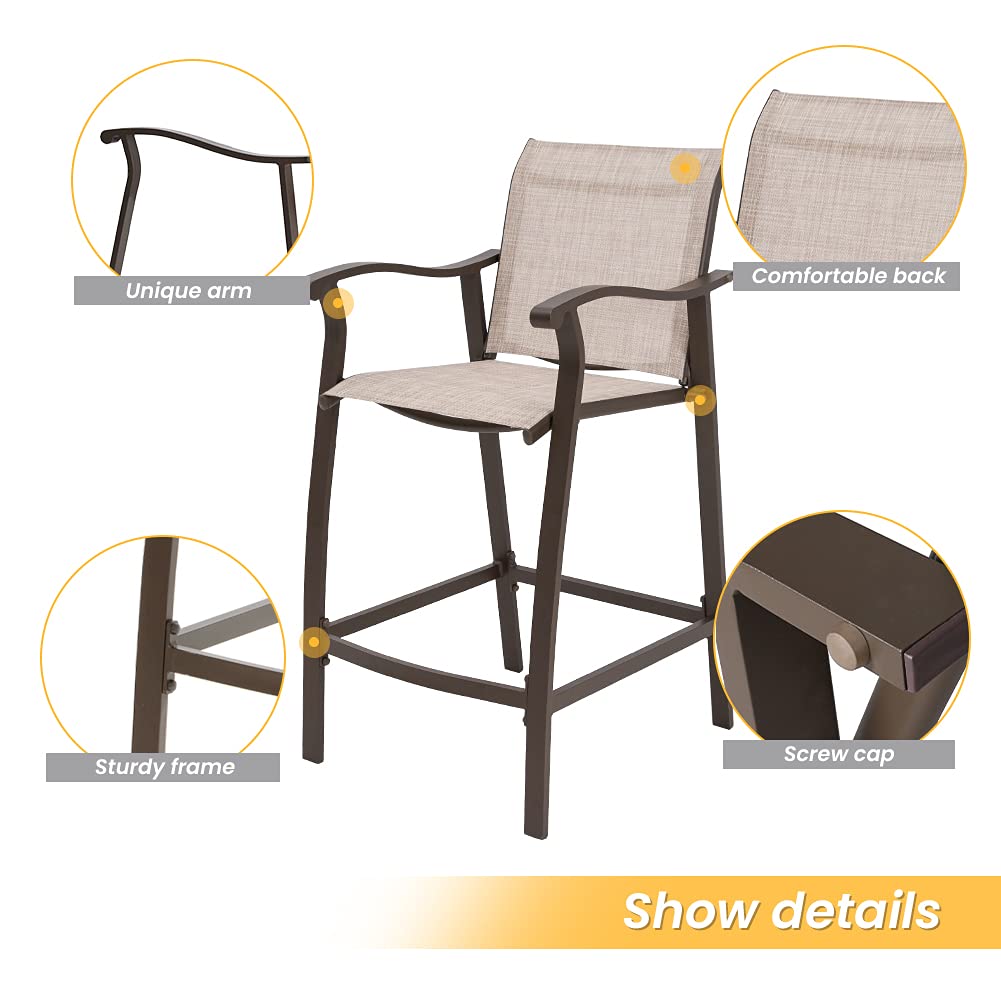 Crestlive Outdoor Counter Height Bar Stools Set of 4 - Heavy Duty Aluminum Frame Patio Furniture Bar Chairs in Antique Brown Finish (Beige) - Perfect for Backyard, Deck, Poolside & Outdoor Dining Areas