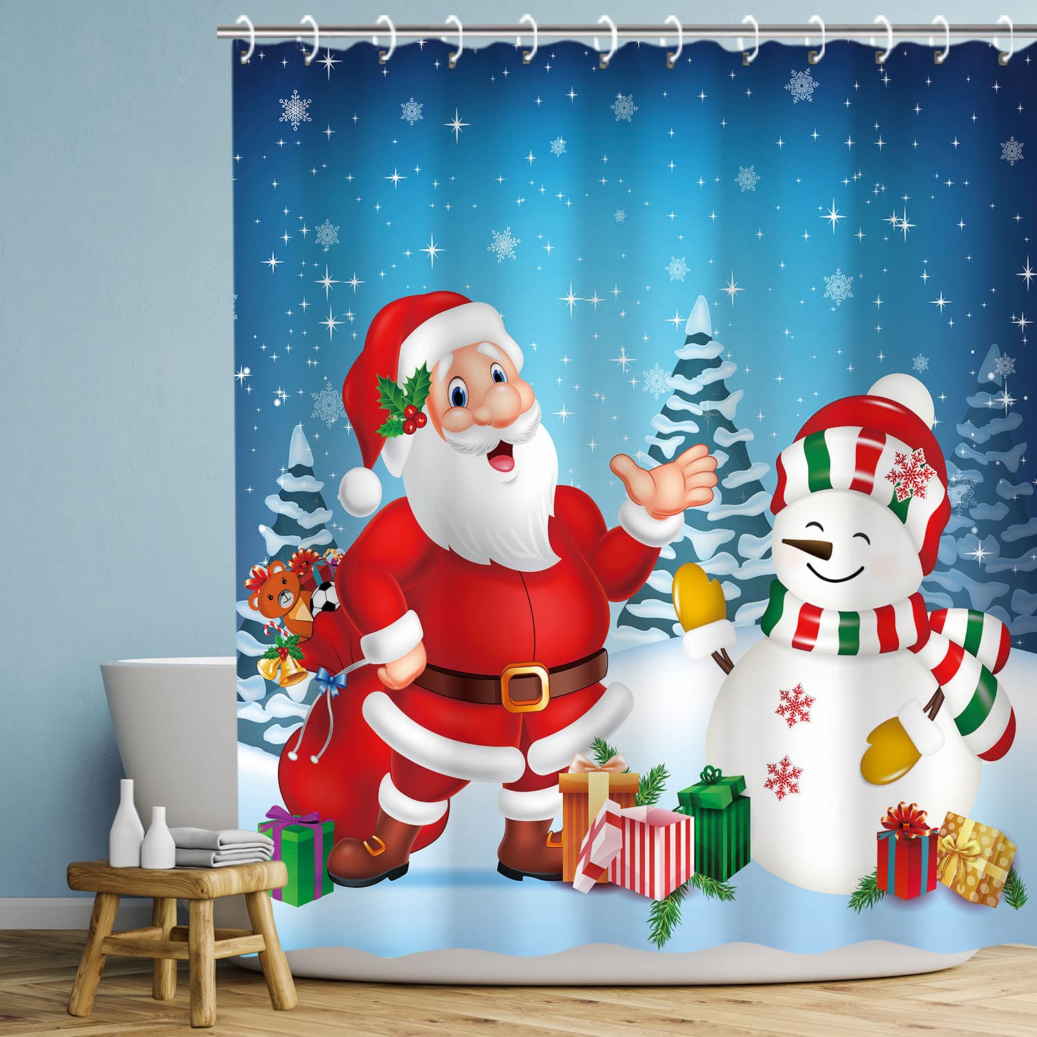 LIVILAN Christmas Shower Curtain - Santa Claus & Snowman Holiday Bathroom Decor with 12 Hooks, 72x72 Inch Waterproof Fabric - Perfect for Xmas Bathroom Decorations, Winter Home Party & Festive Gift Giving