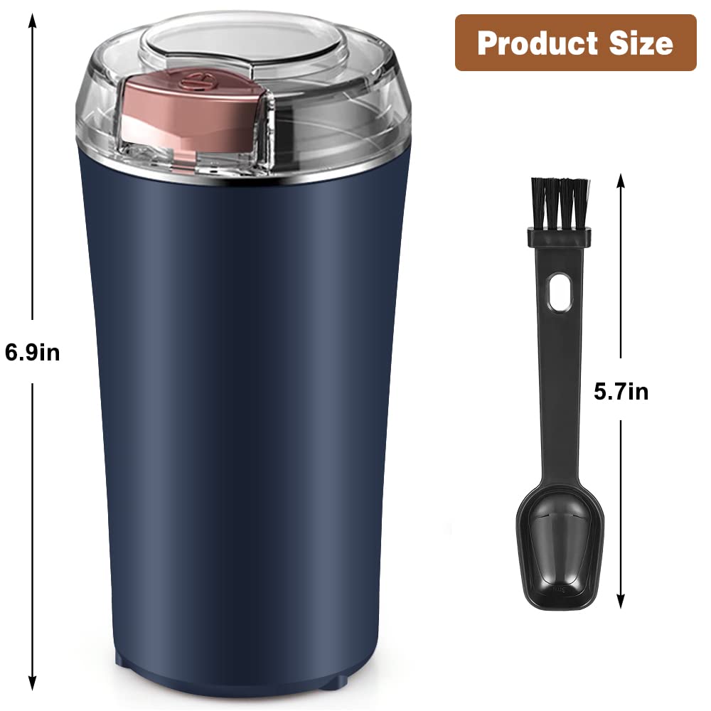 Premium Electric Coffee Grinder & Spice Grinder - Stainless Steel Blade with One-Touch Push Button - Perfect for Coffee Beans, Herbs, Peanuts & Grains (Blue) - Includes Integrated Brush & Spoon - Ideal for Home Kitchens & Coffee Shops