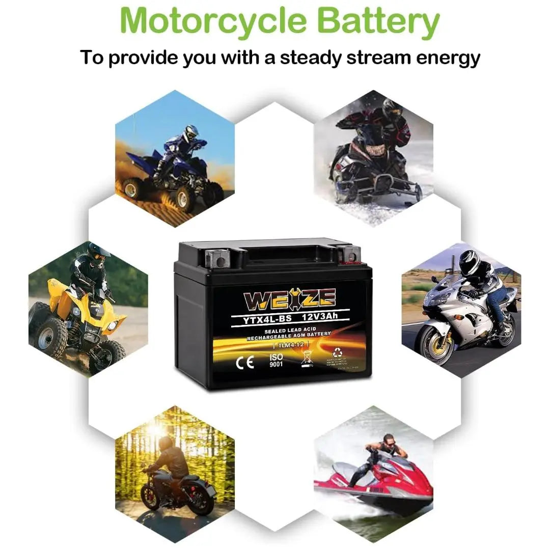 WEIZE YTX4L-BS 12V 3Ah High Performance AGM Sealed Motorcycle Battery - Compatible with Polaris Scrambler, Sportsman 90, Honda NQ50 Spree, Kawasaki 110, Can-Am DS70, Yamaha TTR125E/LE - Perfect for ATVs, Scooters & Dirt Bikes - Maintenance-Free & Long-Lasting Power Solution