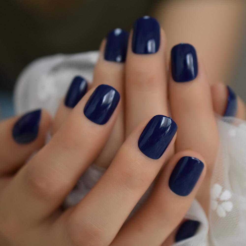 Short Round Press-On Fake Nails - Dark Blue Shiny Solid Acrylic Nail Tips for Women | Perfect for Everyday Wear, Parties & Special Occasions