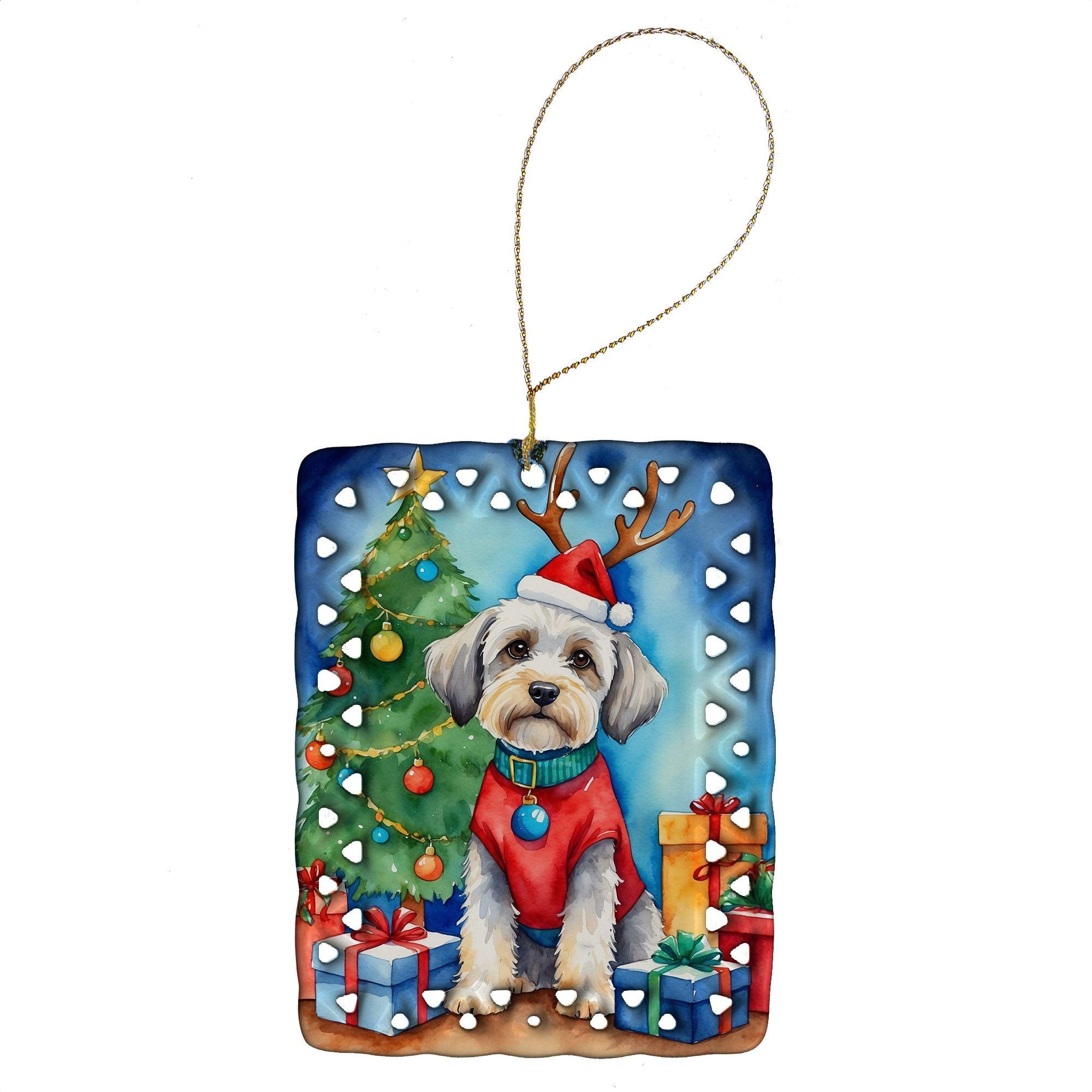 Dandie Dinmont Terrier Christmas Reindeer Porcelain Ornament - Hand-Painted Holiday Tree Decor for Home, Rectangle Shape, Festive Gift Idea - Perfect for Christmas Tree Decorating, Mantel Display & Holiday Party Decorations