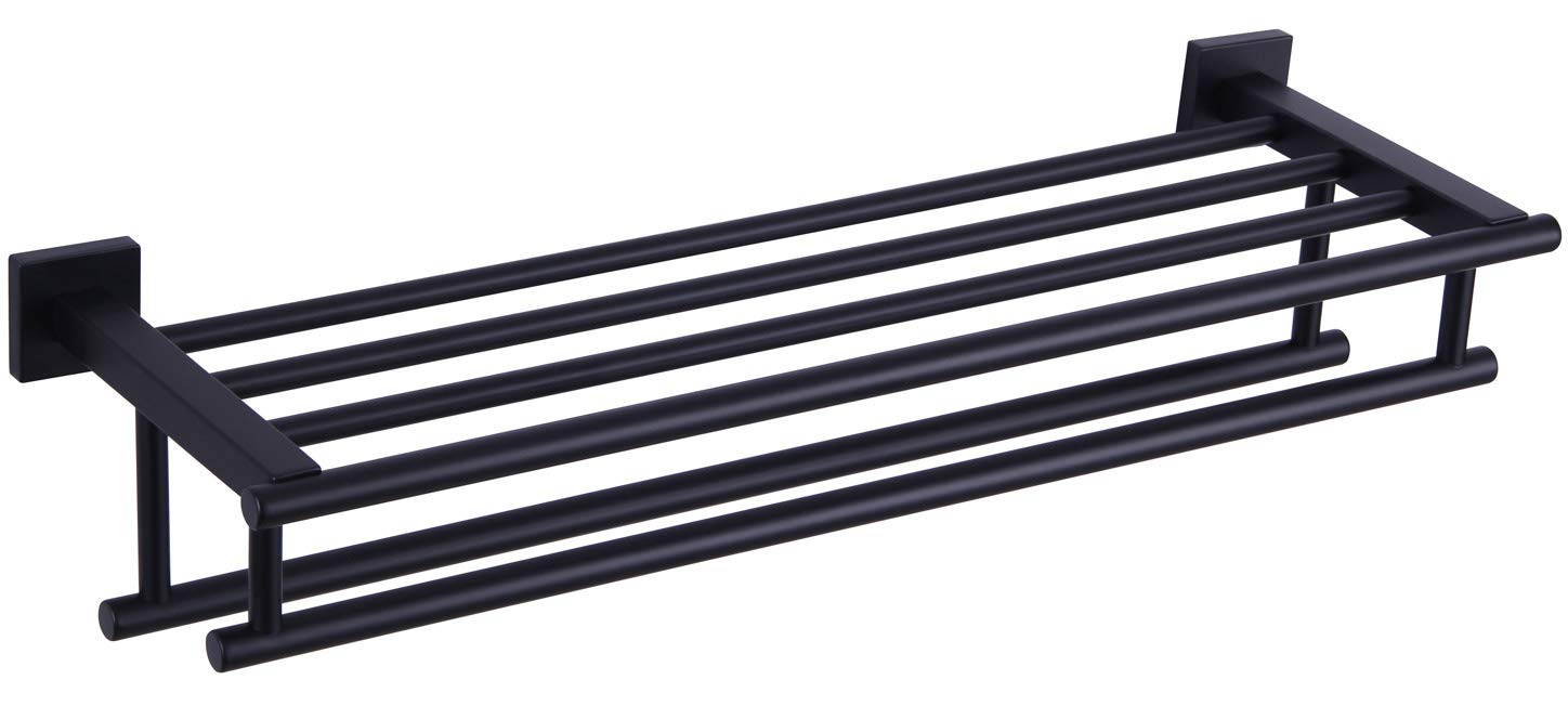 Stainless Steel Wall Mounted Bath Towel Rack with Shelf - Double Towel Holder & Bar - Matte Black 23.62 Inch - Modern Bathroom Storage for Showers & Spas