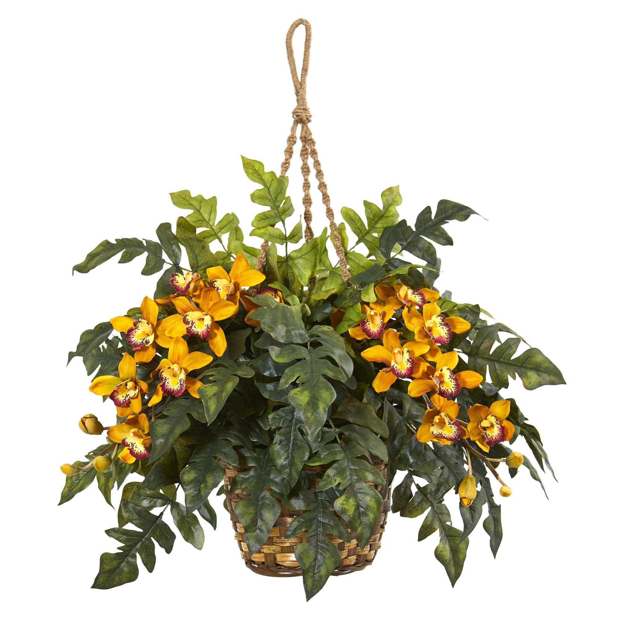 Nearly Natural Yellow Cymbidium Orchid & Fern Artificial Hanging Basket - Silk Flower Arrangement for Home Decor, Wedding Centerpieces & Outdoor Patio Decorations