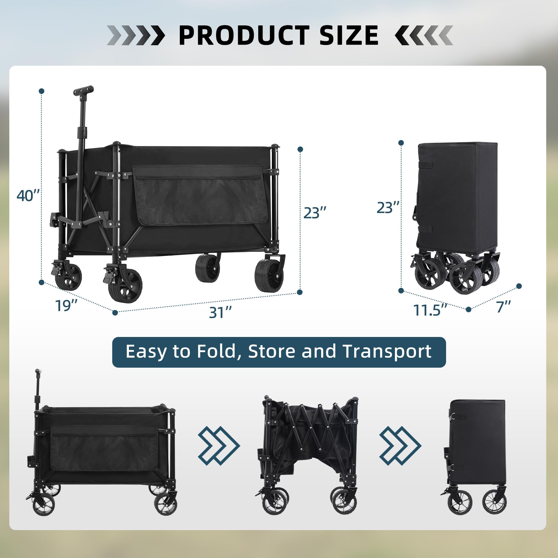 Favoyard Collapsible Wagon Cart - 150L Capacity & 360LBS Load Capacity, Heavy Duty Foldable Utility Cart with All-Terrain Wheels & Brakes for Outdoor, Beach, Camping, Grocery Shopping, Sports & Garden Use - Black
