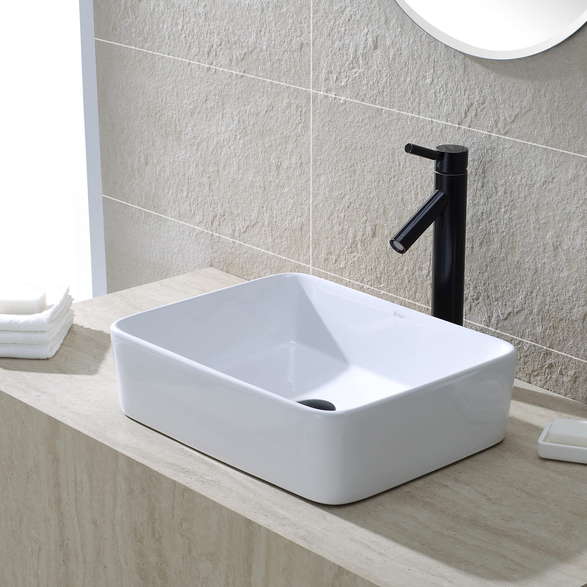 Kraus KCV-121-ORB White Rectangular Ceramic Kitchen Sink with Pop-Up Drain, Oil Rubbed Bronze Finish - Perfect for Modern Farmhouse & Rustic Bathroom Renovations