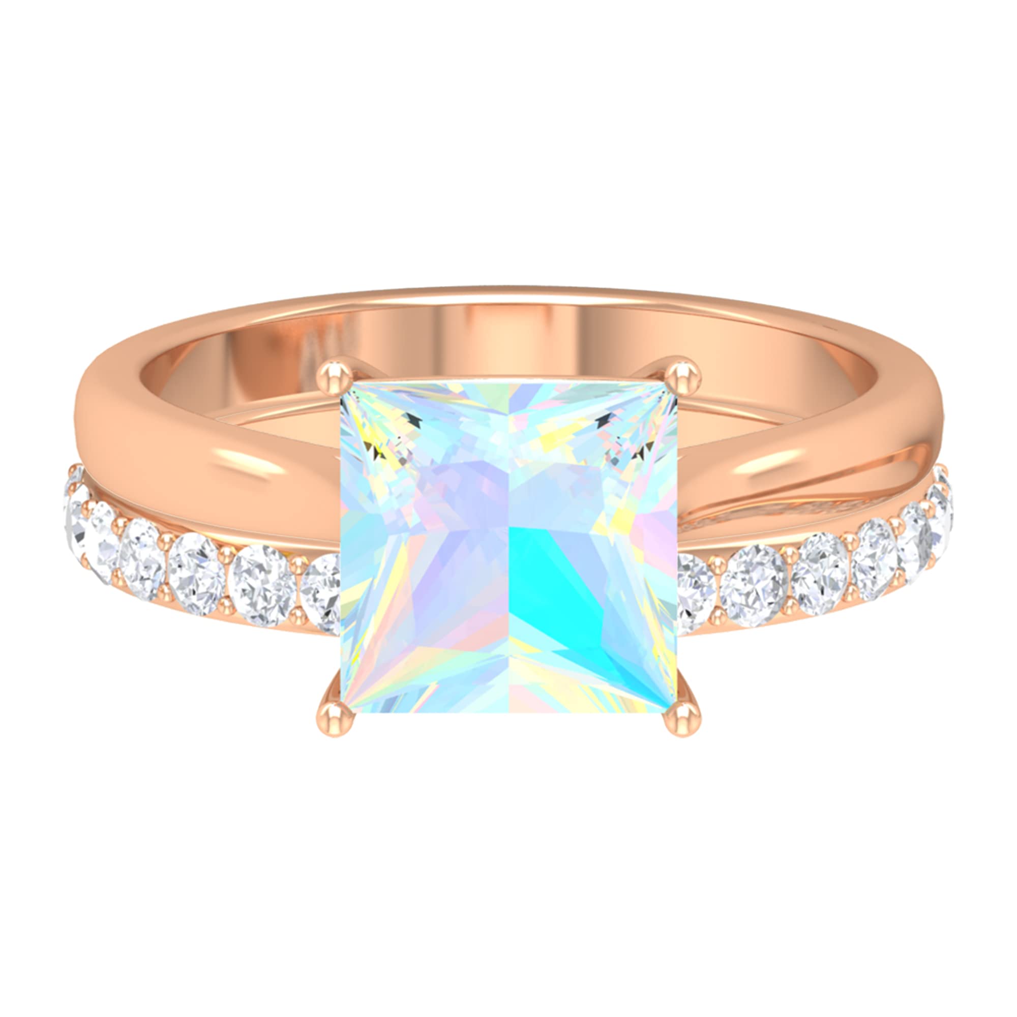Ethiopian Opal and Moissanite Ring Set - 14K Solid Gold Princess Cut Solitaire Bridal & Engagement Wedding Rings for Women | Perfect for Proposals, Anniversaries & Special Occasions
