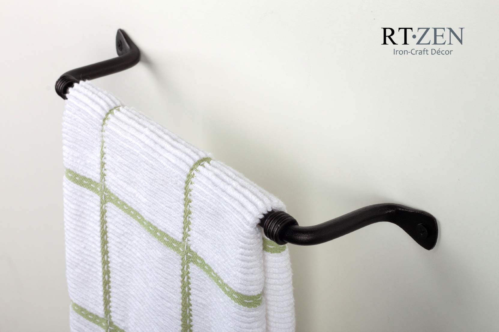 RTZEN Matte Black Hand Towel Holder - Handcrafted Farmhouse Wrought Iron Wall Mounted Rack for Bathroom & Kitchen - Fits 10
