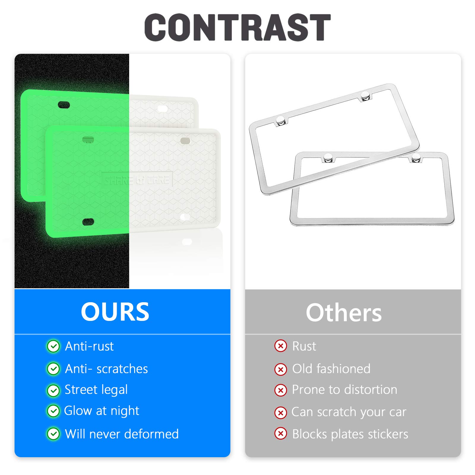 2 Pack Silicone License Plate Frame - Front & Back Rustproof Cover Holder for US/CA Cars - Anti-Rattle, Weatherproof - Includes 2 Bonus Water Coasters (White/Grow) - Perfect for Car Enthusiasts & Outdoor Protection