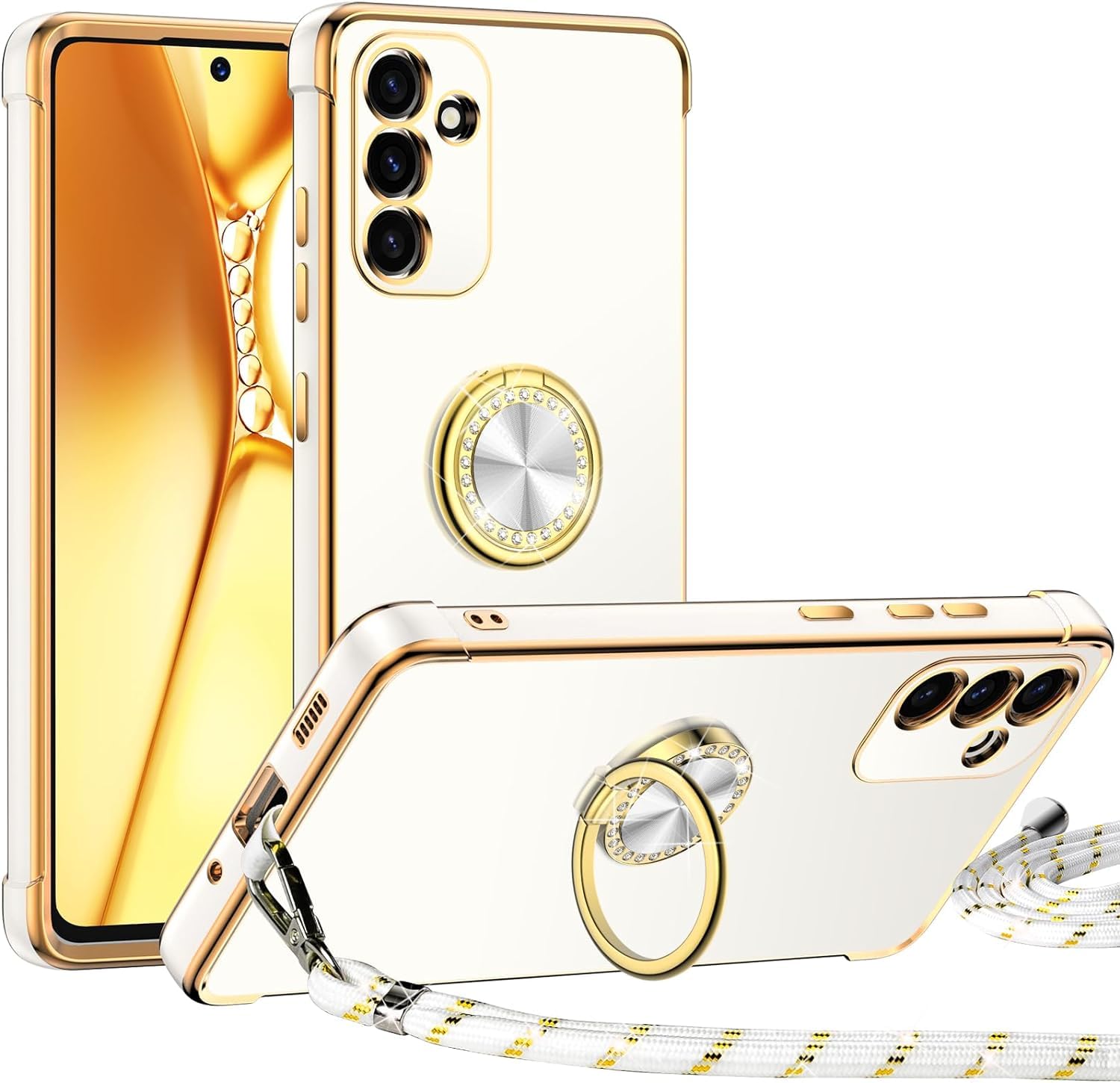 Premium Luxury Electroplated Samsung Galaxy S24 Plus Case with Ring Holder & Lanyard - Shockproof Soft Protective Cover for Women & Girls (White) - Perfect for Work, Travel & Everyday Protection