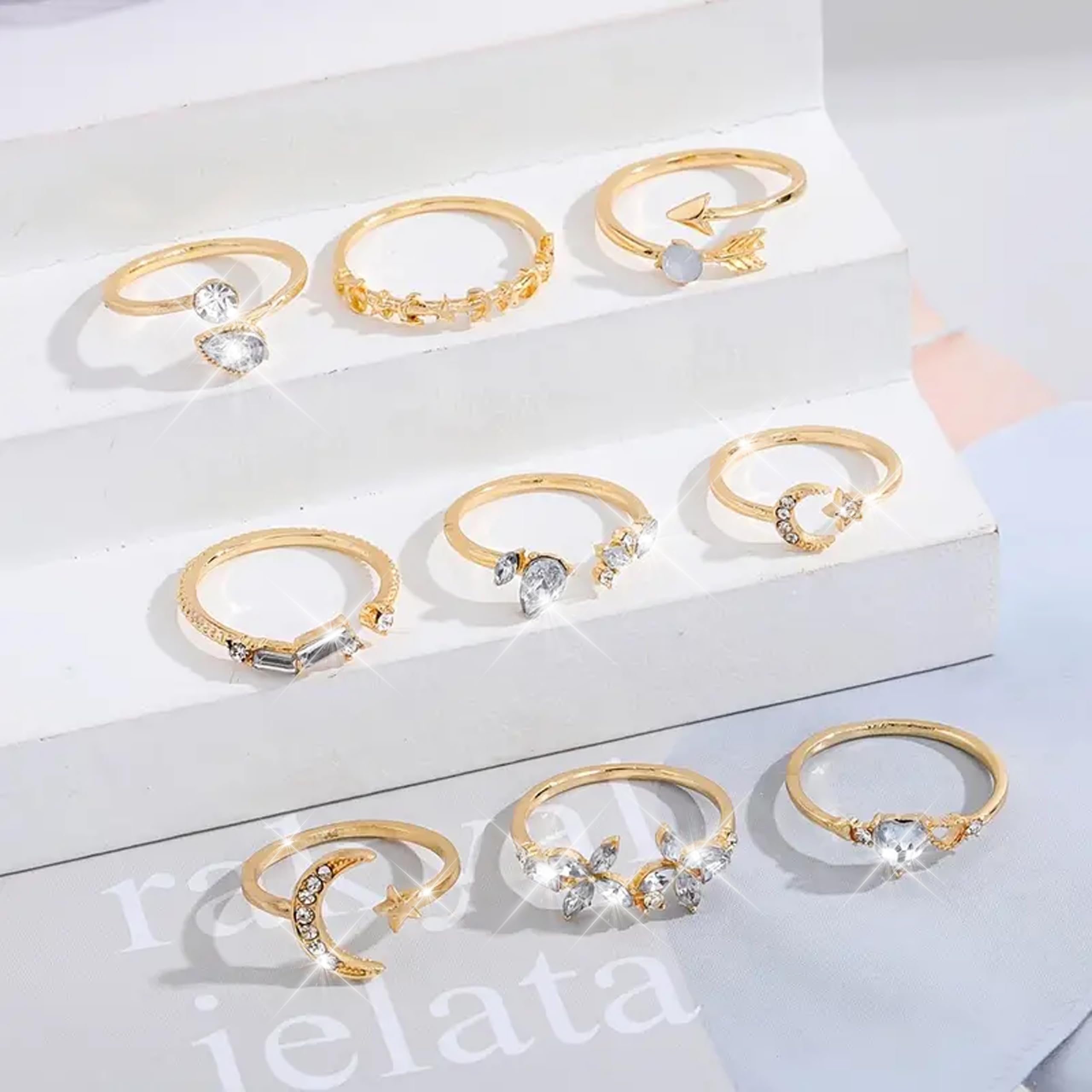 Trendy Gold Stackable Rings for Women - Boho Star Moon Heart Knuckle Rings Set - Elegant Jewelry Gift Pack for Birthday, Easter Basket Stuffers - Perfect for Layering & Everyday Wear