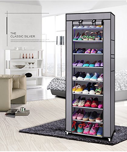 BNSPLY 10-Tier Non-Woven Fabric Shoe Rack with Dustproof Cover - Large Shoe Storage Organizer with 2 Side Pockets for Closet, Bedroom, Garage - Grey | Space Saving Shoe Cabinet for Home, Apartment & Dorm Organization