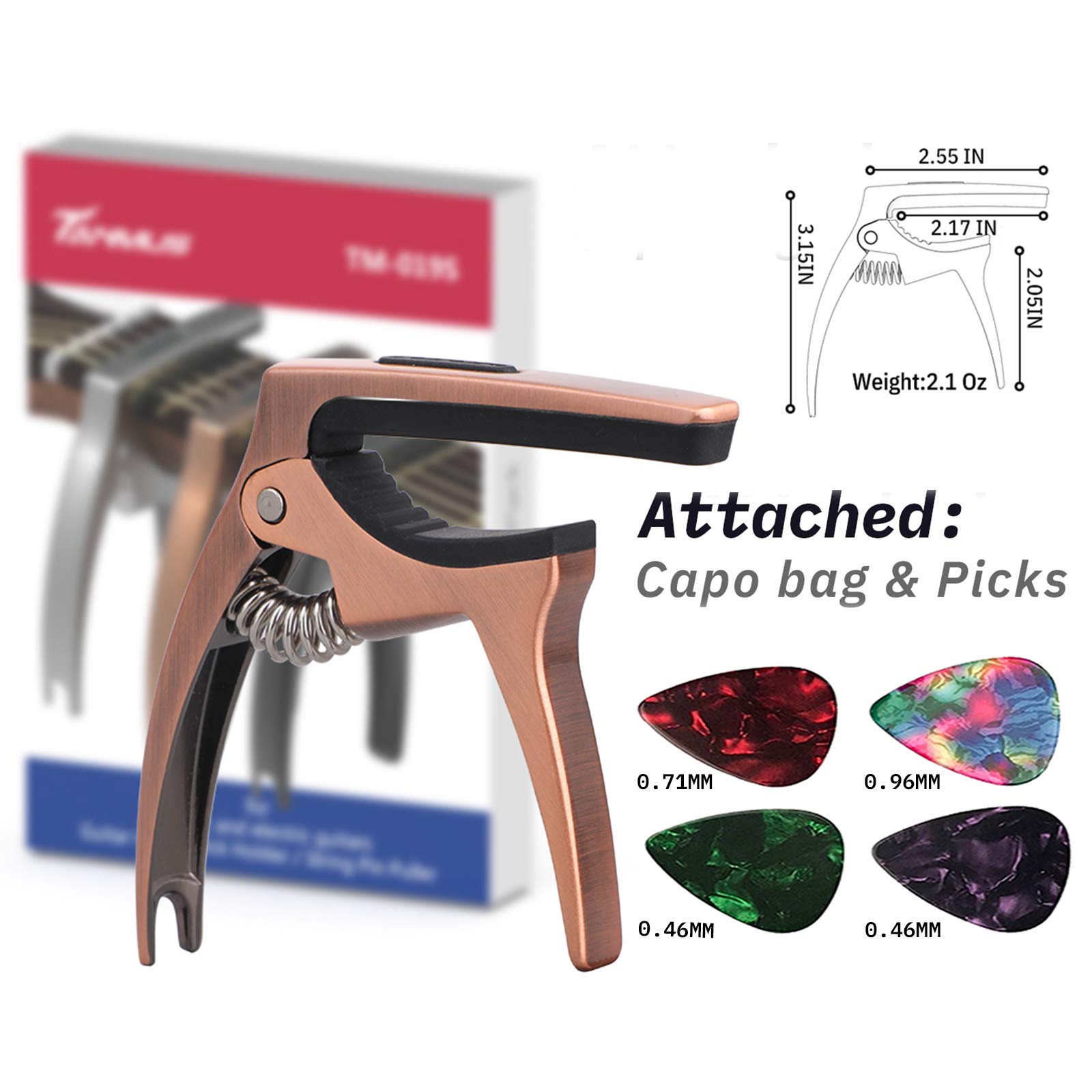 3 in 1 Guitar Capo for Acoustic & Electric Guitars with Storage Bag & Picks - Premium Bronze String Accessories - Perfect for Live Performances, Studio Recording & Practice Sessions