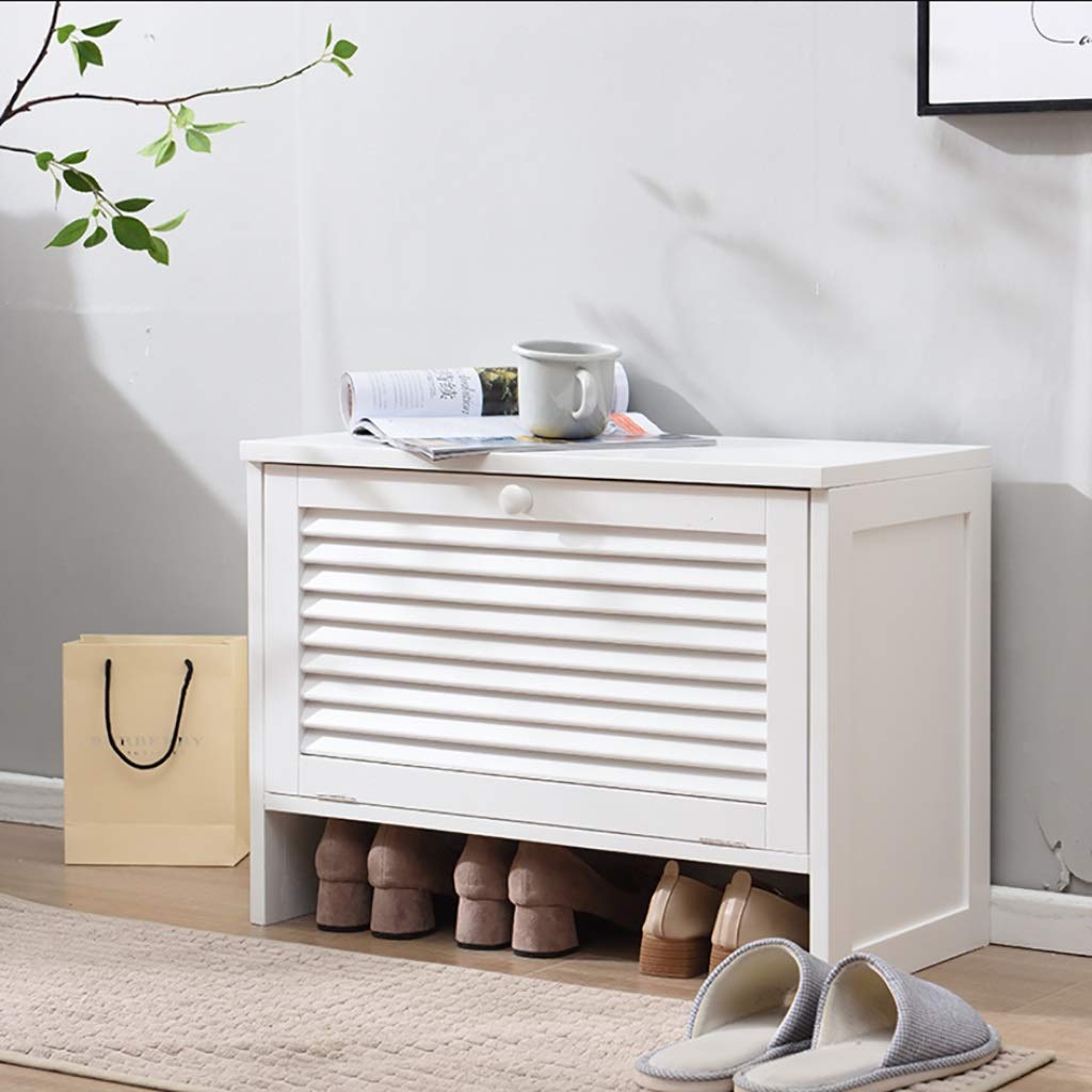 Solid Wood Shoe Bench with Door - 2-Tier Adjustable Shoe Cabinet, Entryway Shoe Organizer & Storage Shelf - Perfect for Hallway, Mudroom, or Closet (White)